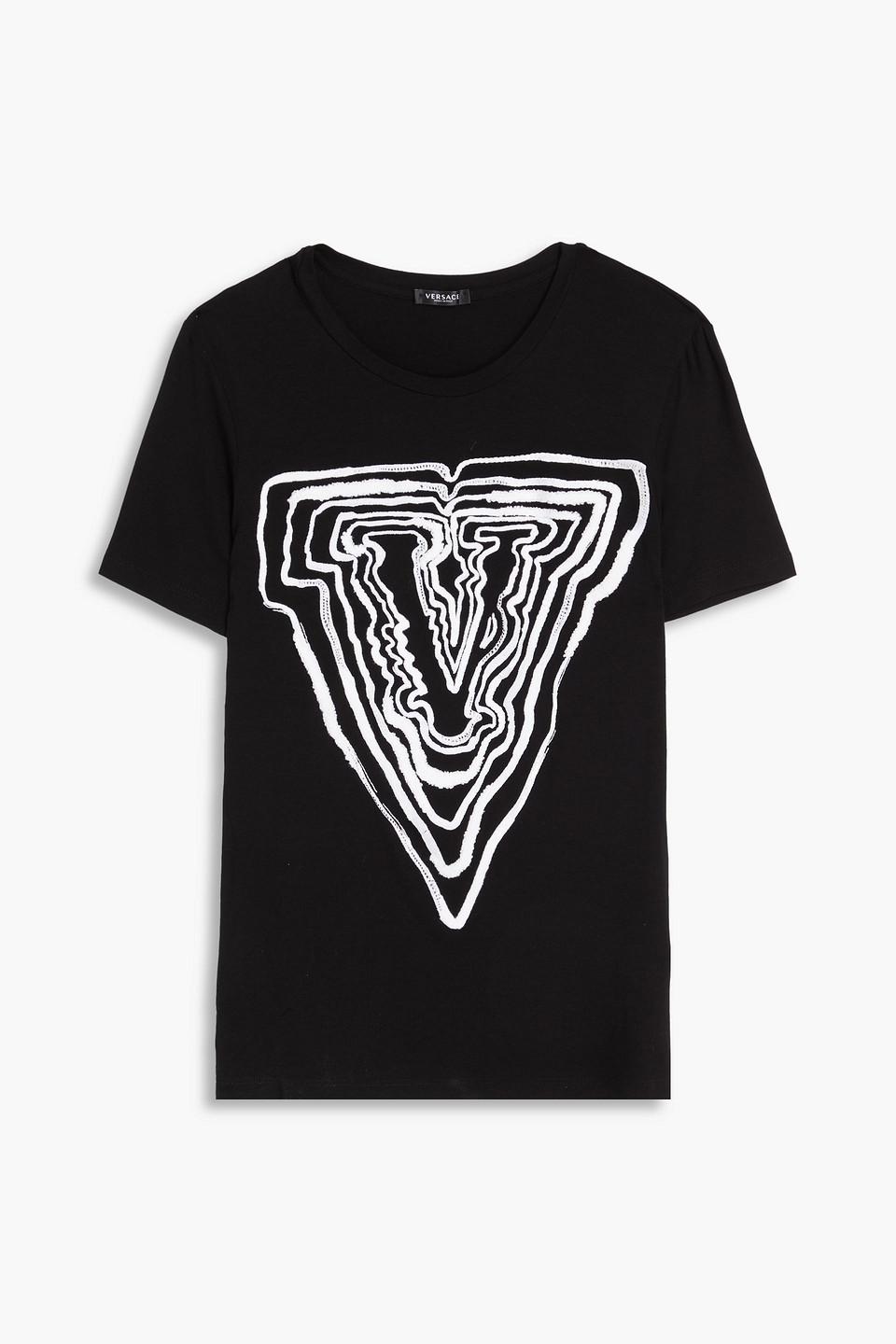 Versace Embroidered Cotton-jersey T-shirt in Black