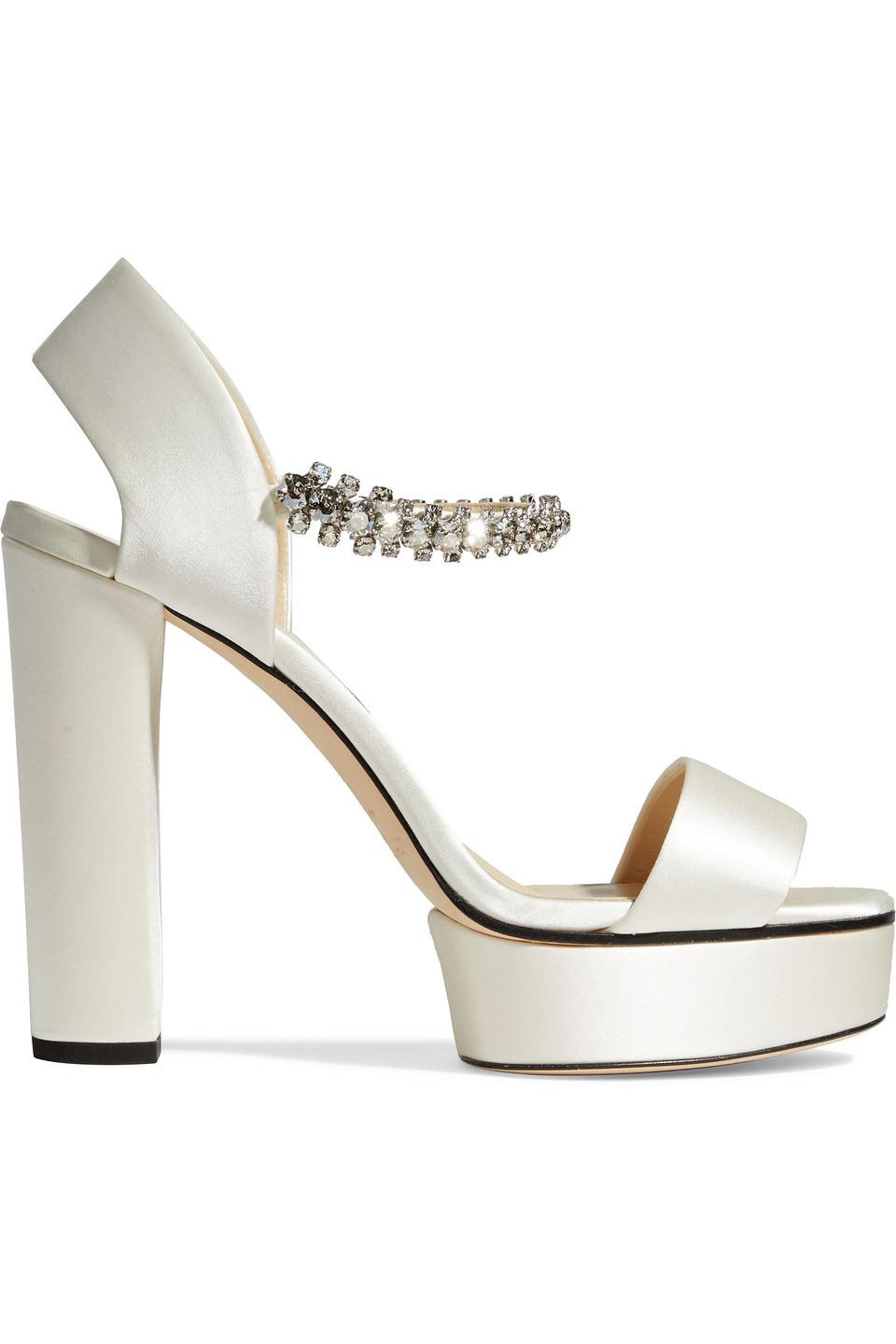 Jimmy Choo Santina 125 Crystal-embellished Satin Platform Sandals in White