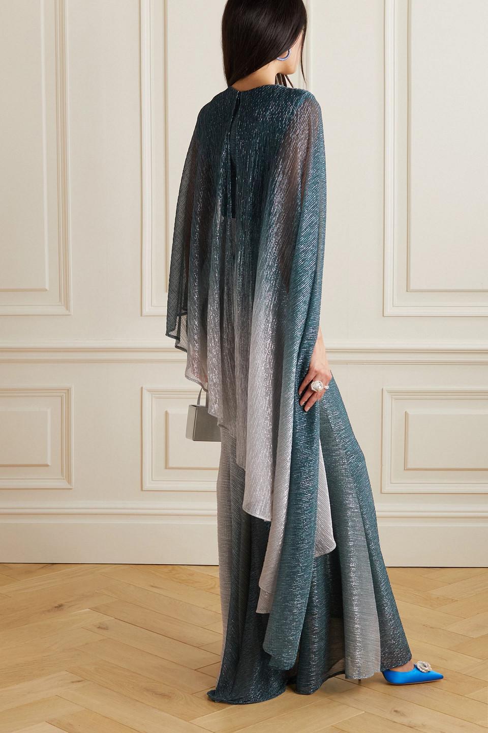 Talbot Runhof Asymmetric Cape-effect Metallic Voile Gown in Green