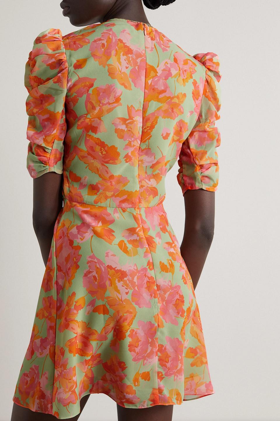 bambi ruched mini dress De La Vali Bambi Ruched Floral-print Georgette Mini Dress in Orange