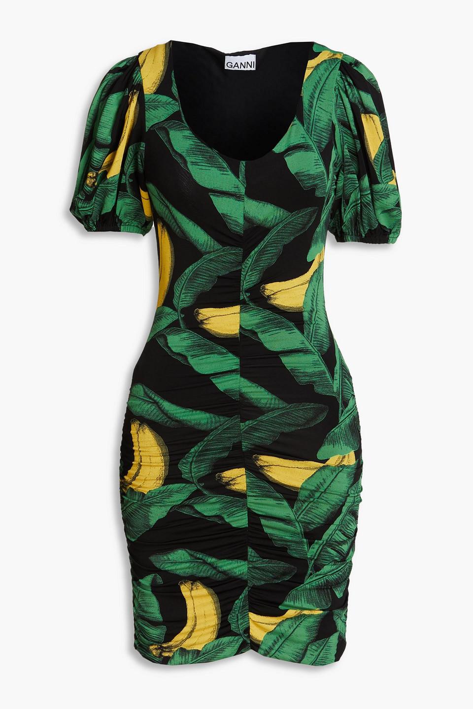 Ganni Ruched Floral-print Stretch-jersey Mini Dress in Green | Lyst