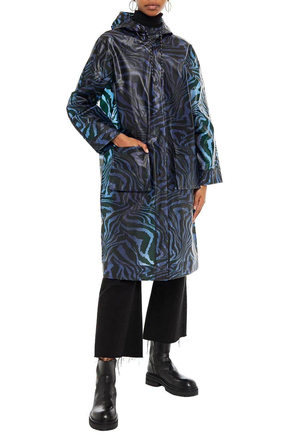 Ganni Tiger-print Matte-pu Hooded Raincoat in Blue | Lyst
