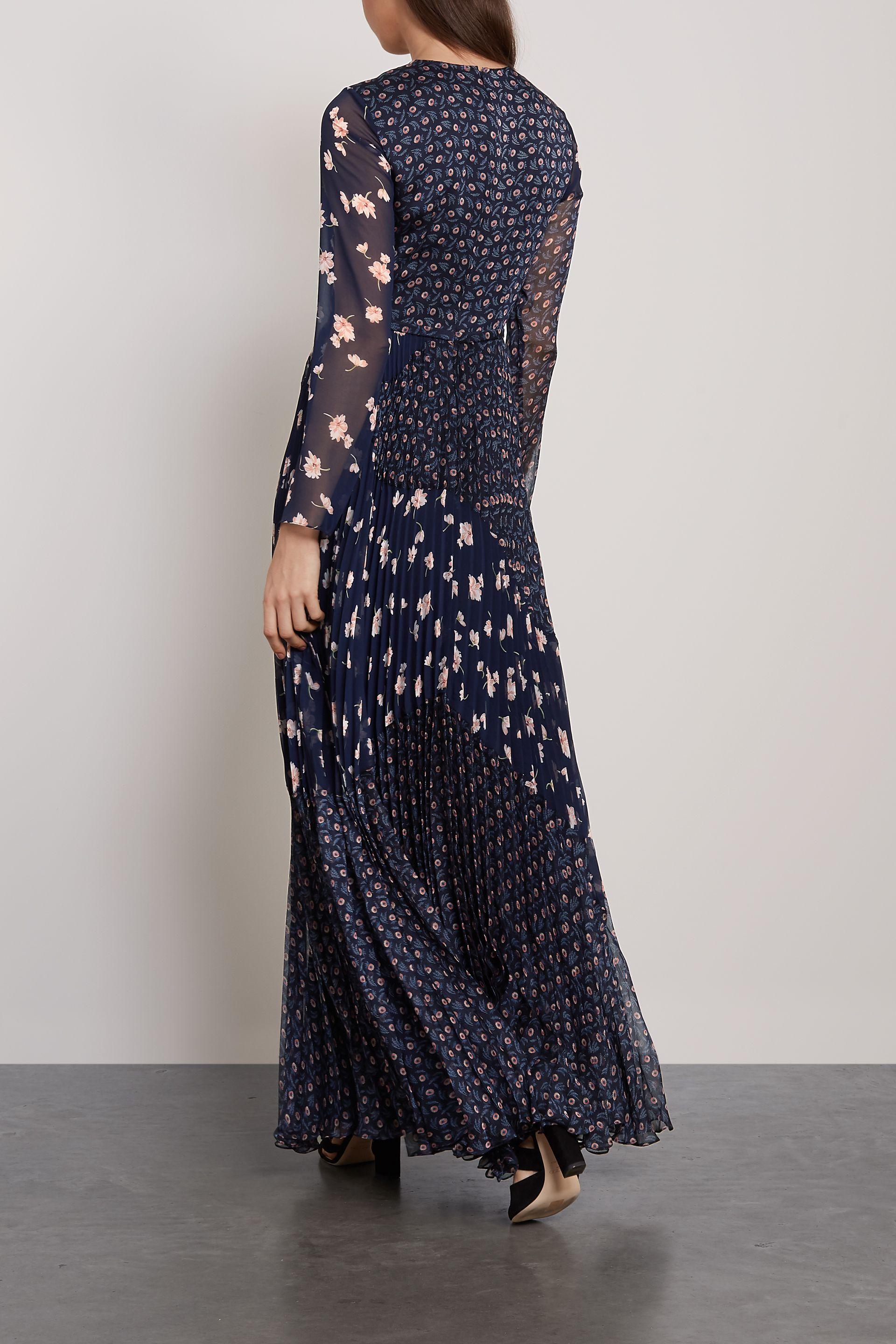 Mikael Aghal Pleated Floral-print Chiffon And Georgette Gown Navy in ...