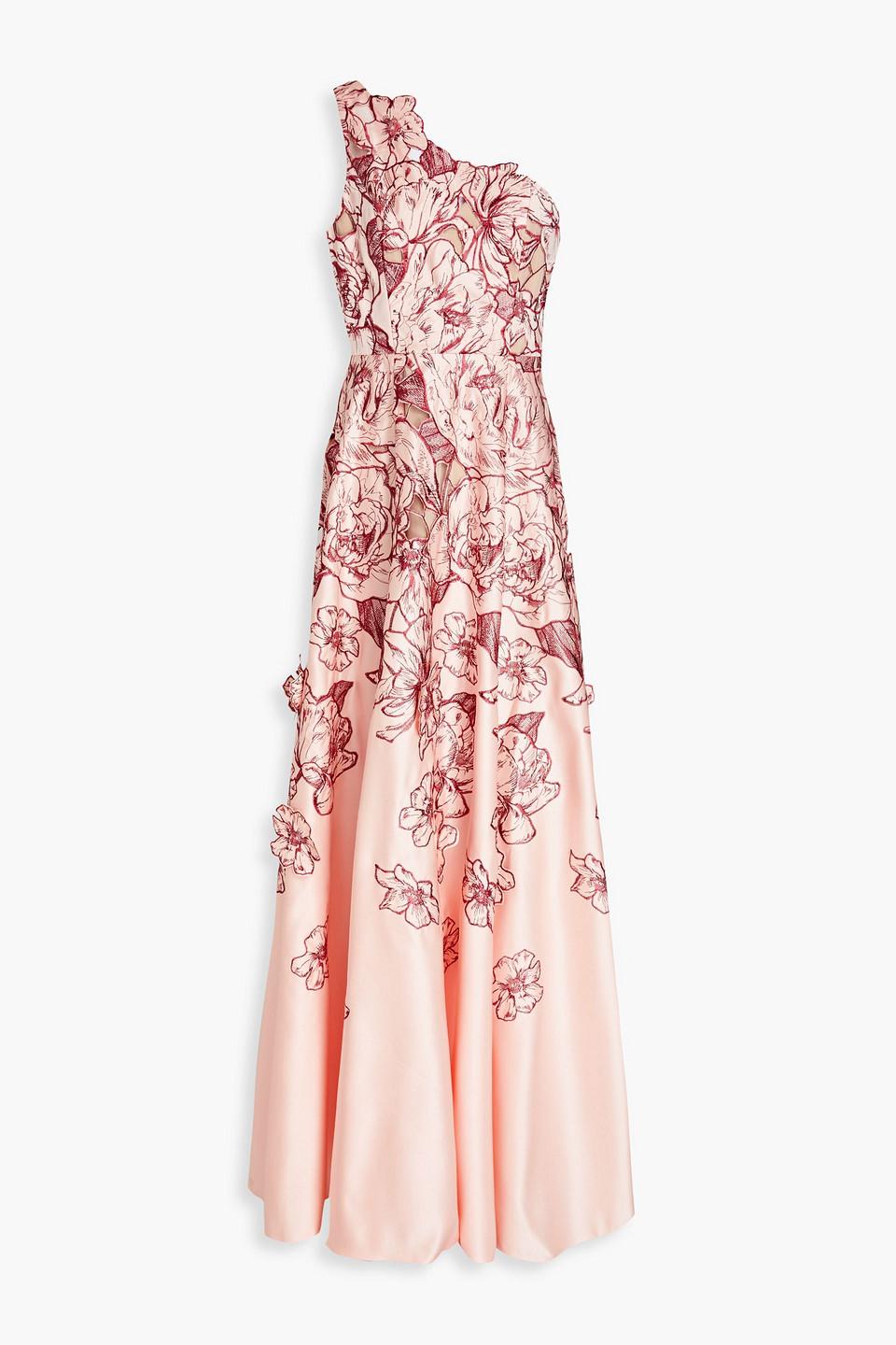 Marchesa One shoulder Embroidered Duchesse satin Gown in Pink Lyst