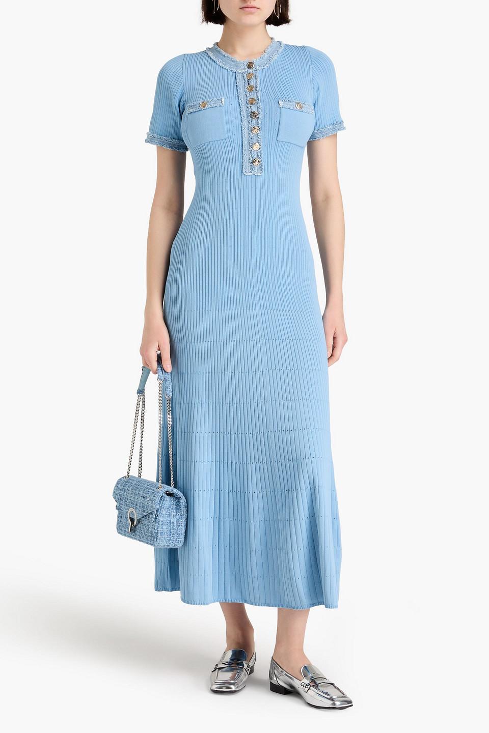 Sandro Denim-trimmed Ribbed Pointelle-knit Midi Dress in Blue | Lyst  Australia