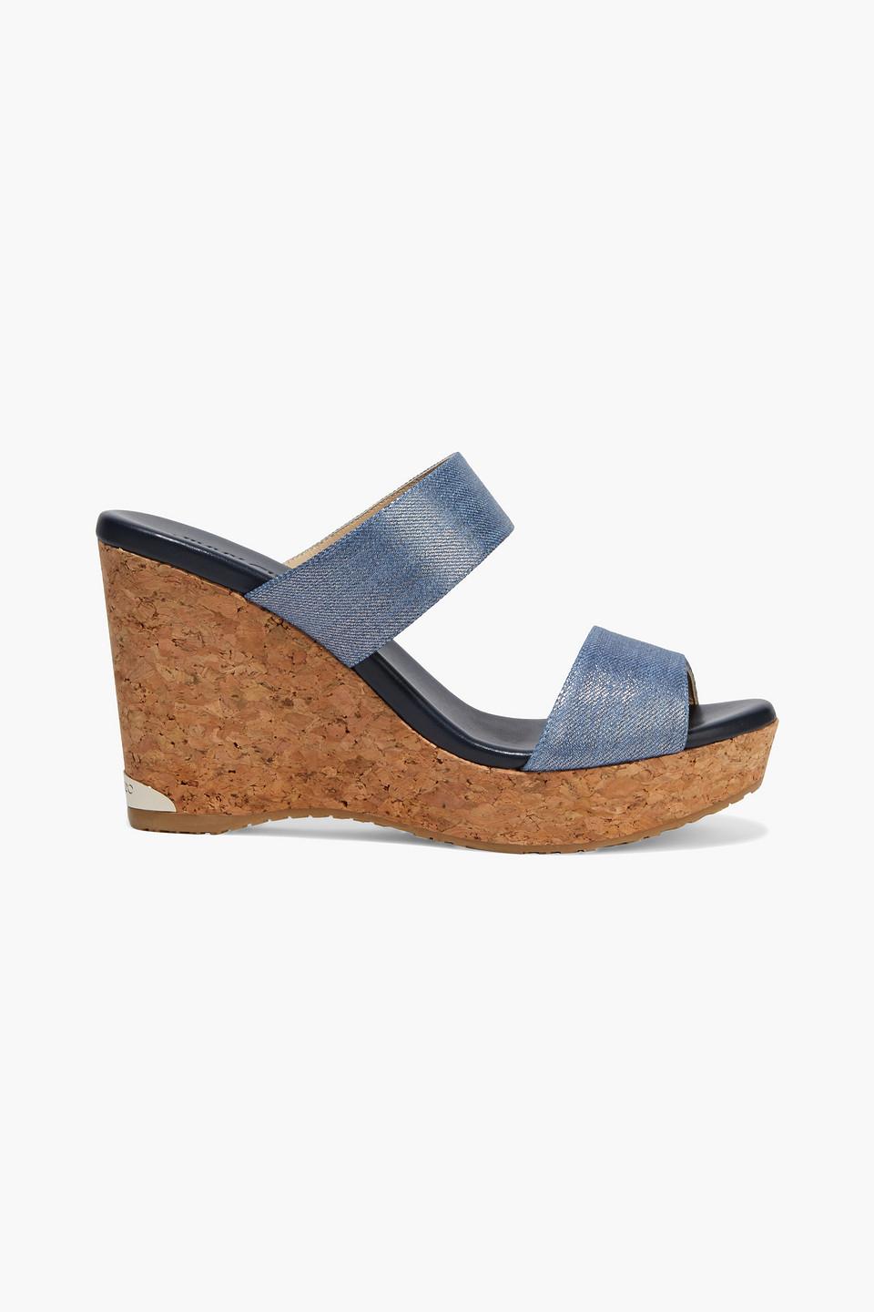 denim wedge mules