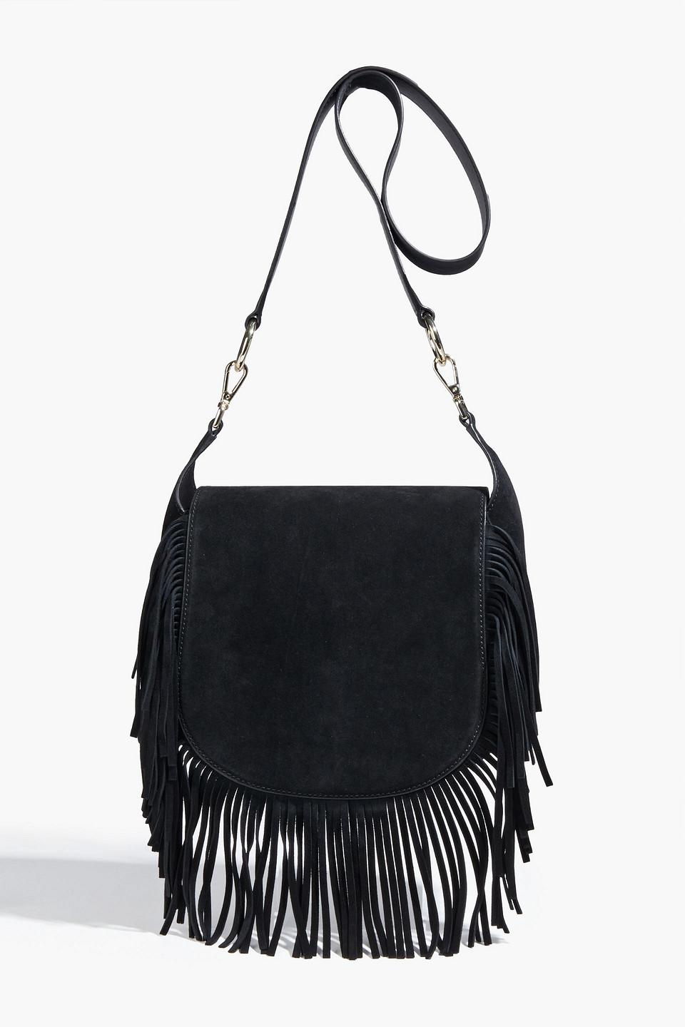 Maje Fringed Suede Shoulder Bag in Black | Lyst