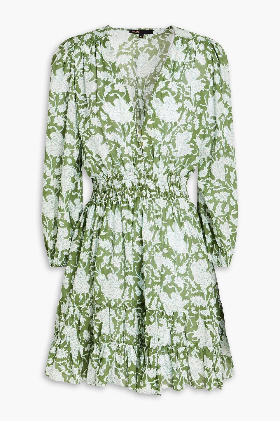 Maje Shirred Printed Cotton-blend Mousseline Mini Dress in Green | Lyst