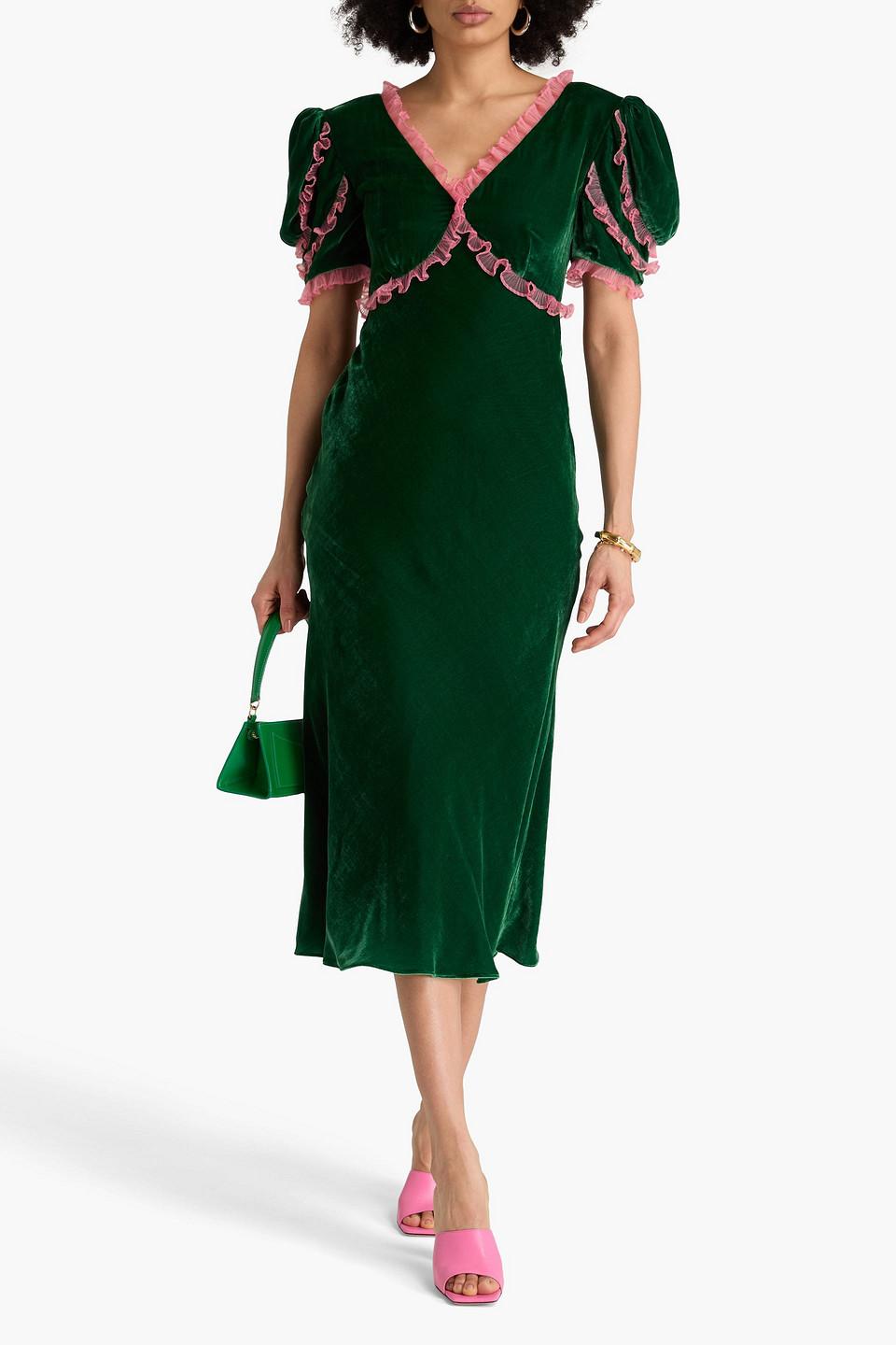 Saloni Organza-Trimmed Velvet Midi Dress in Green | Lyst UK Saloni Organza-Trimmed Velvet Midi Dress in Green | Lyst UK