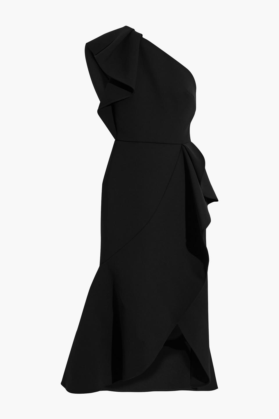 One-shoulder Ruffled Crepe Midi Dress 