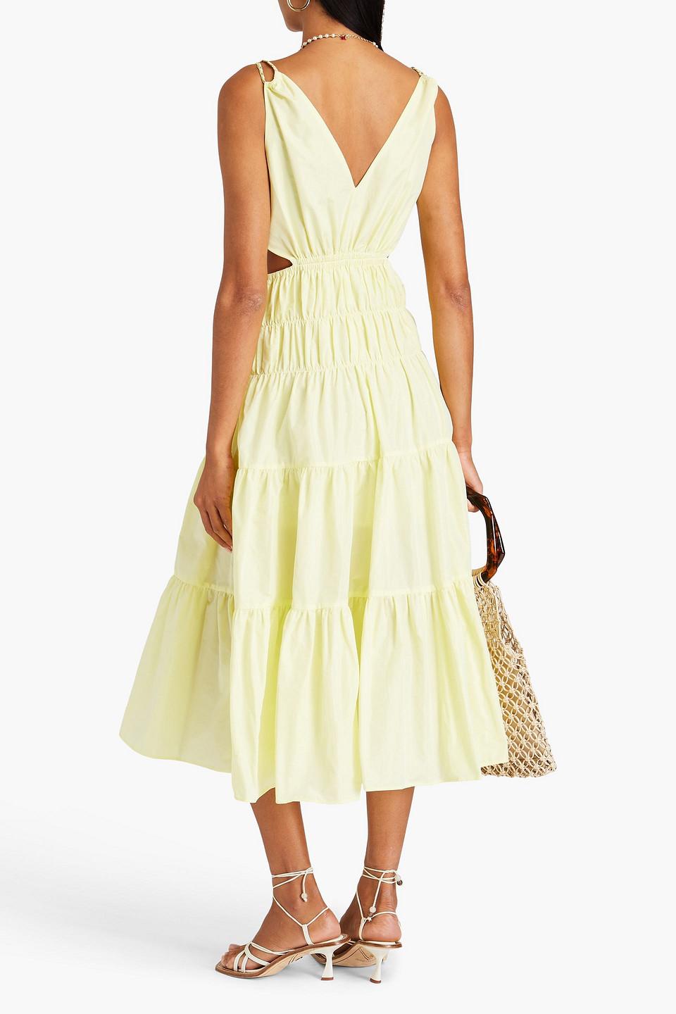 Maje Cutout Shirred Taffeta Midi Dress in Yellow | Lyst UK