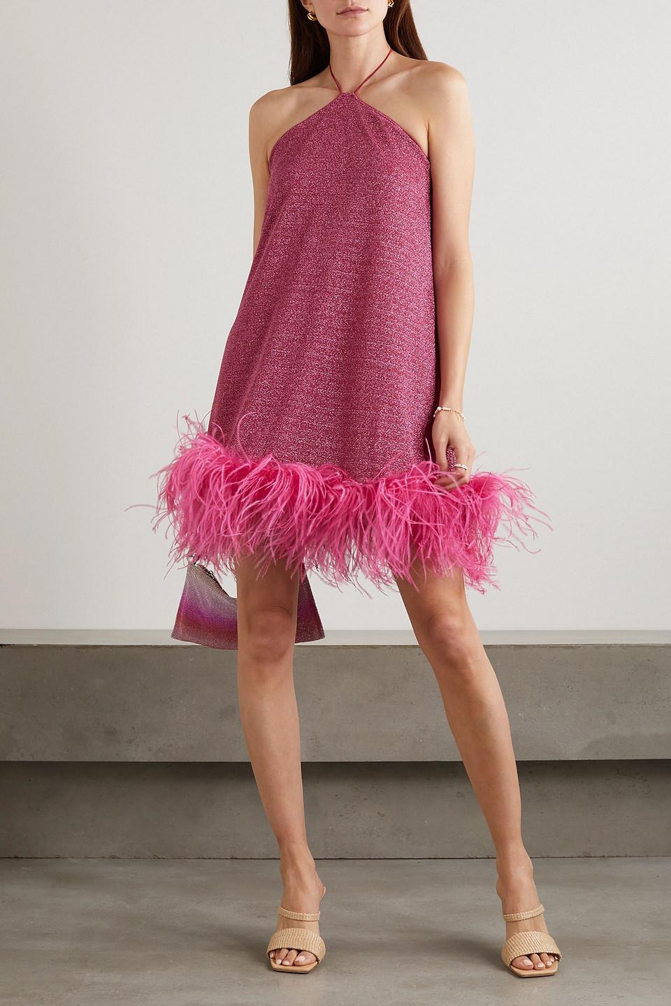 Osree Lumire Feather-trimmed Metallic Stretch-knit Halterneck Mini Dress in Pink | Lyst Osree Lumire Feather-trimmed Metallic Stretch-knit Halterneck Mini Dress in Pink | Lyst