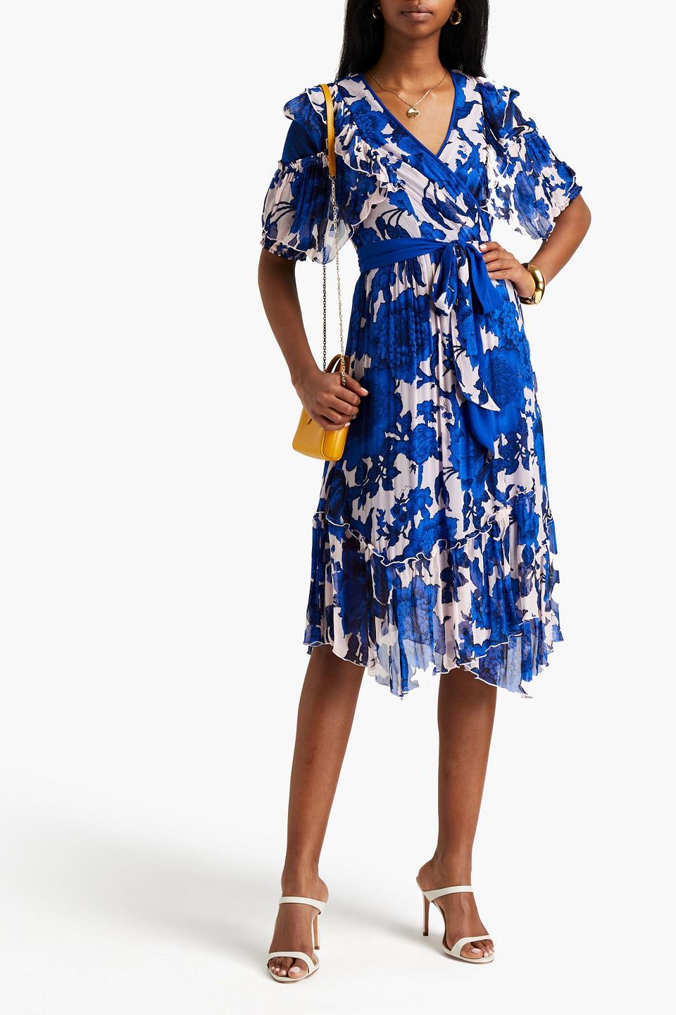 Diane von Furstenberg Liz Ruffled Floral-print Chiffon Midi Wrap Dress in  Blue | Lyst