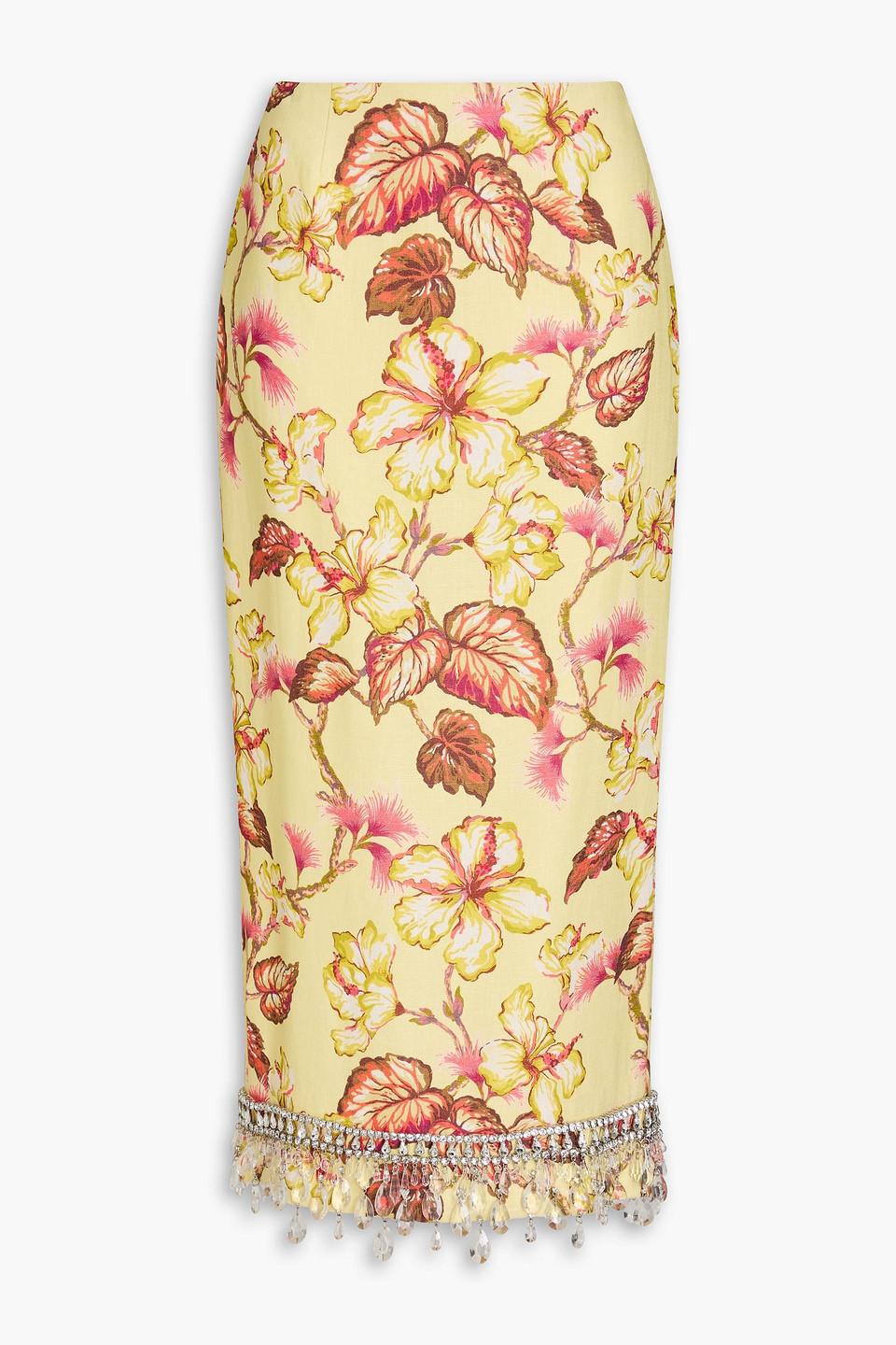 Zimmermann Embellished Floral print Linen Midi Pencil Skirt in Metallic Lyst UK