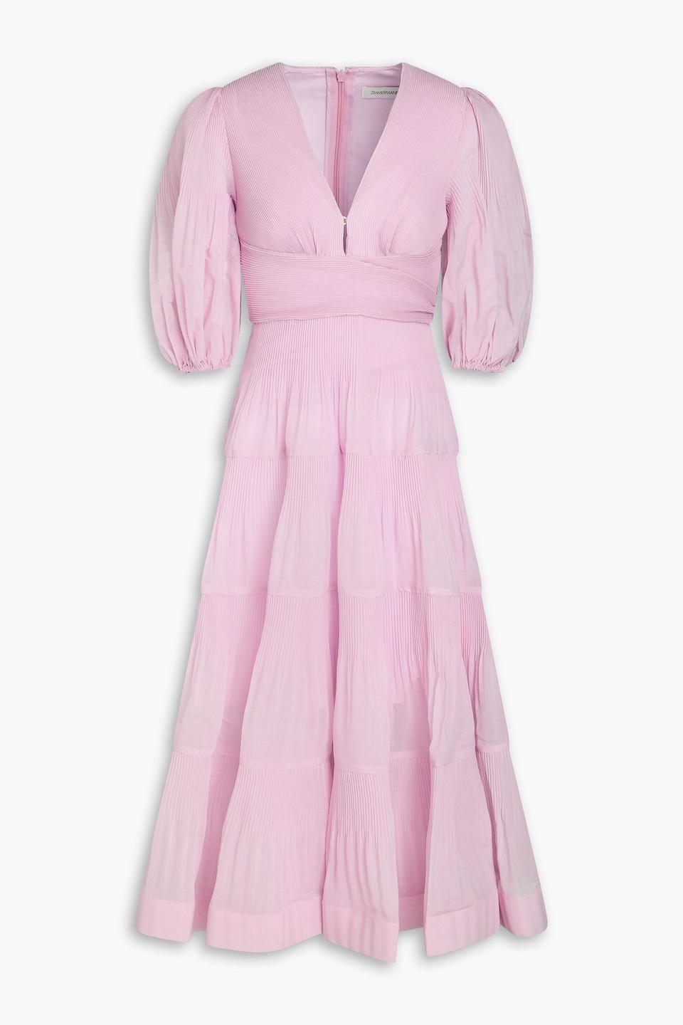 Zimmermann Tiered Pliss-organza Midi Dress in Pink | Lyst
