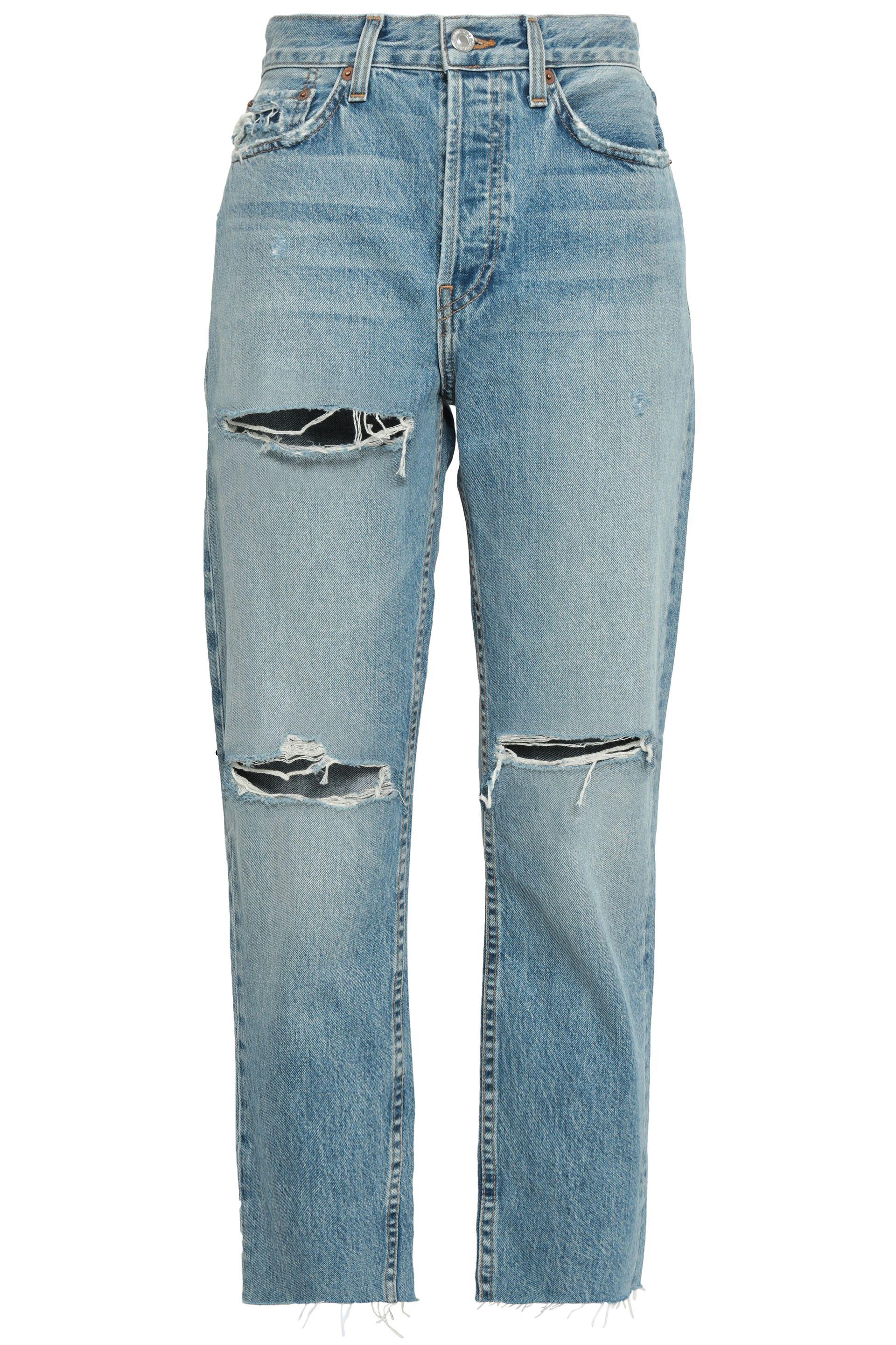 RE/DONE Cropped Distressed High-rise Straight-leg Jeans Light Denim