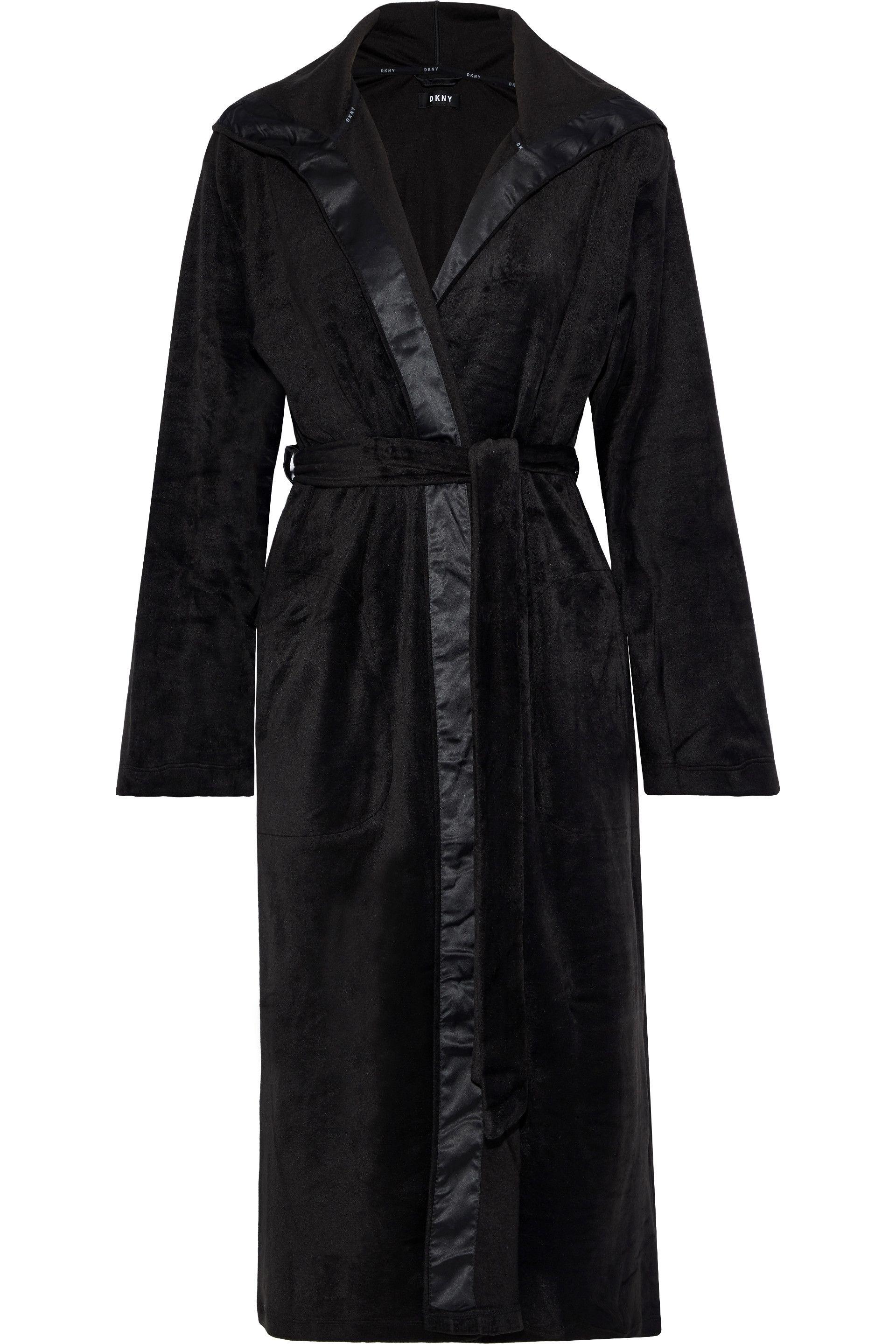 DKNY Satin-trimmed Fleece Hooded Robe Black - Lyst