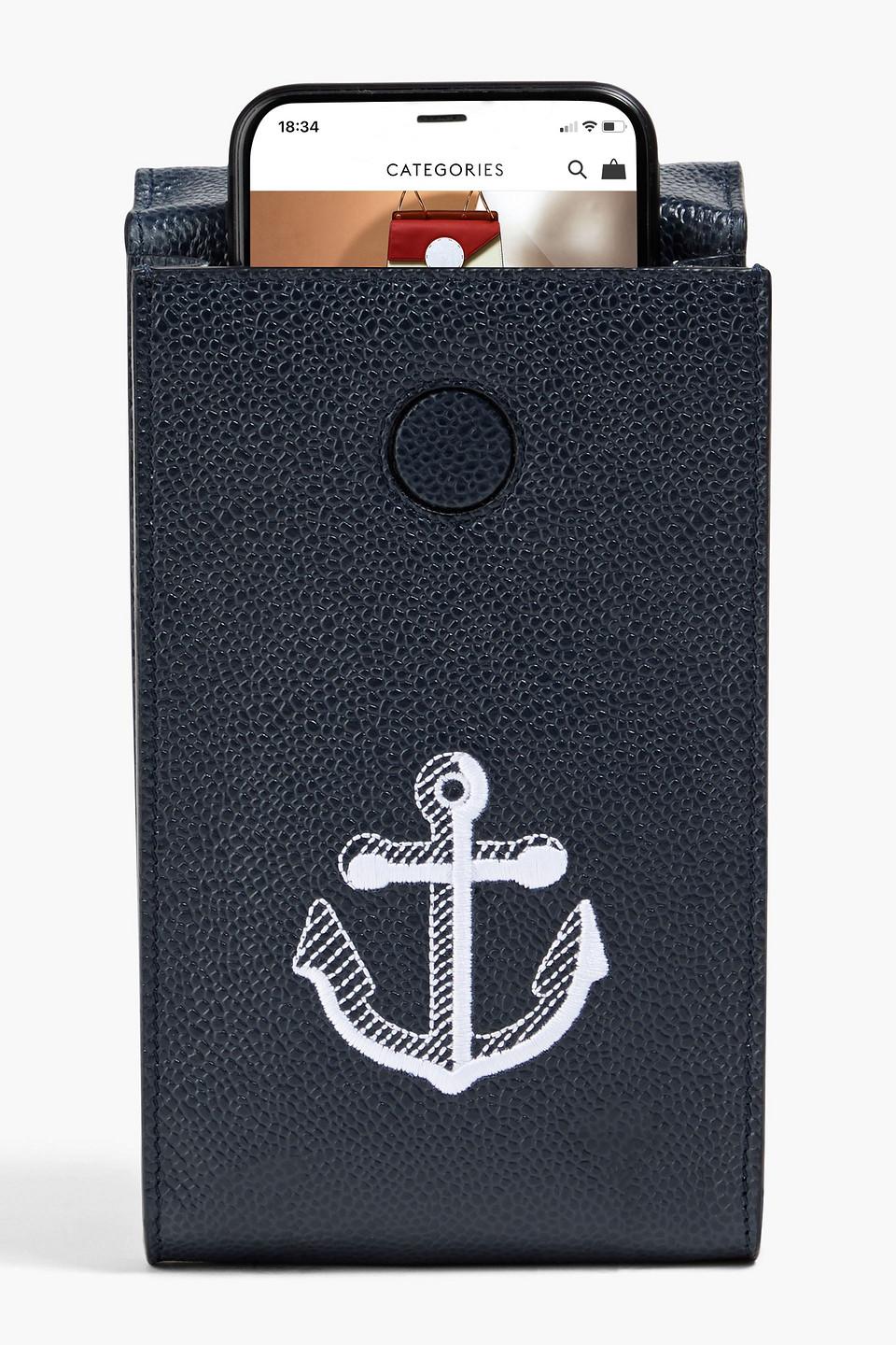 Thom Browne Embroidered Pebbled-Leather Phone Pouch in Black for