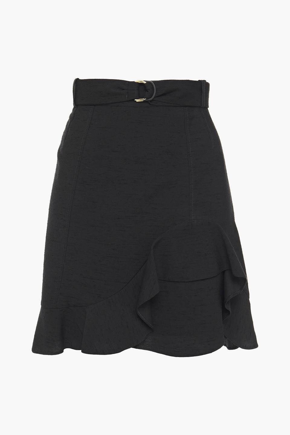 Sandro Amy Belted Ruffled Slub Woven Mini Skirt in Black | Lyst