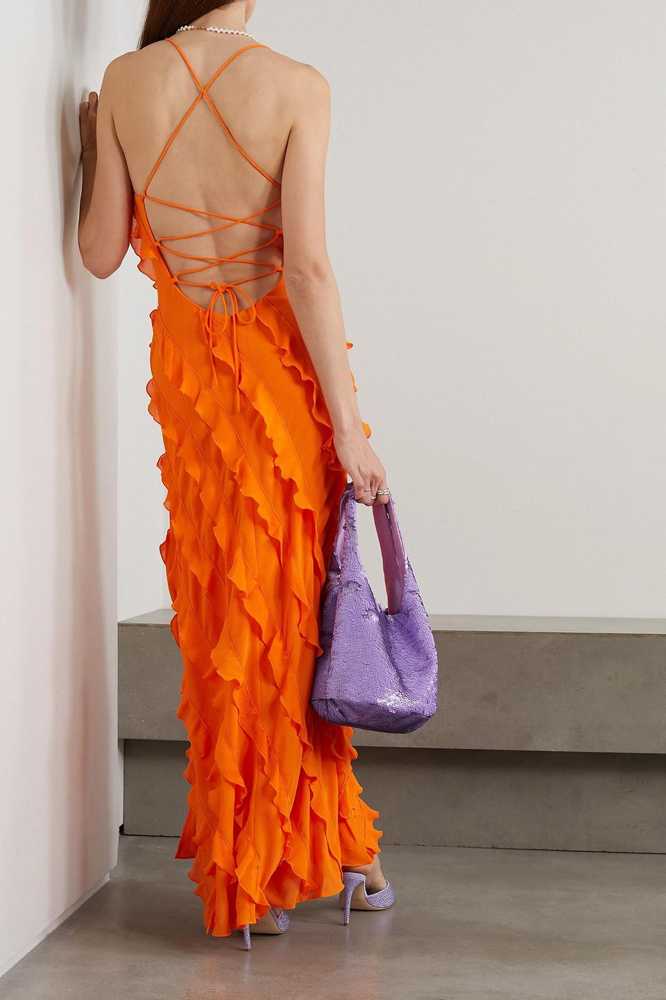 Lace up ruffle maxi dress hot sale