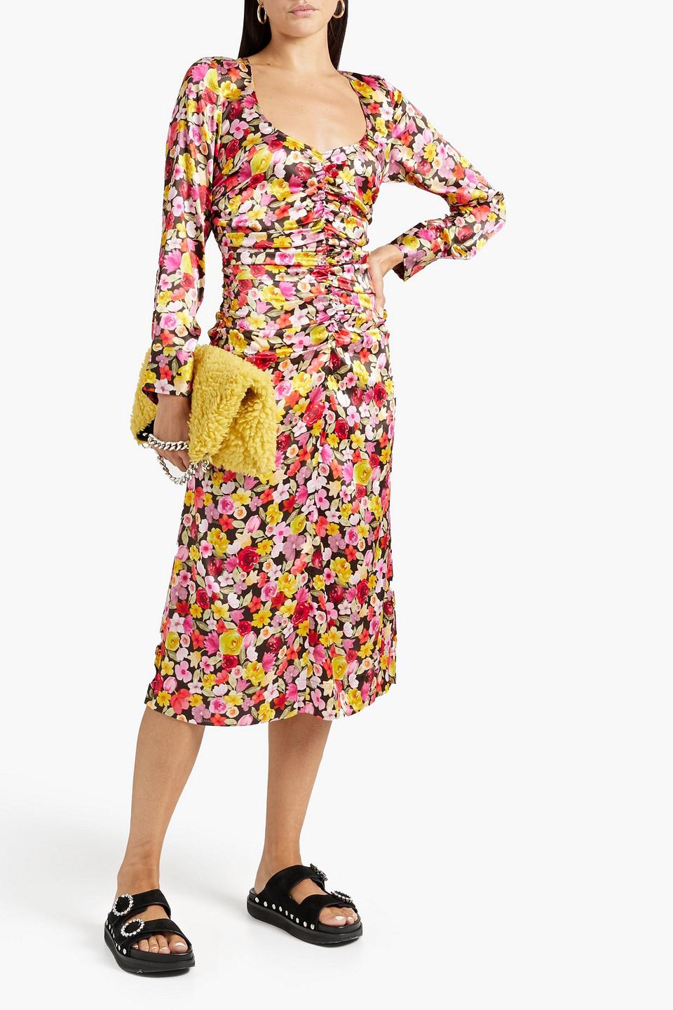Ganni Ruched Floral-print Silk-blend Midi Dress | Lyst