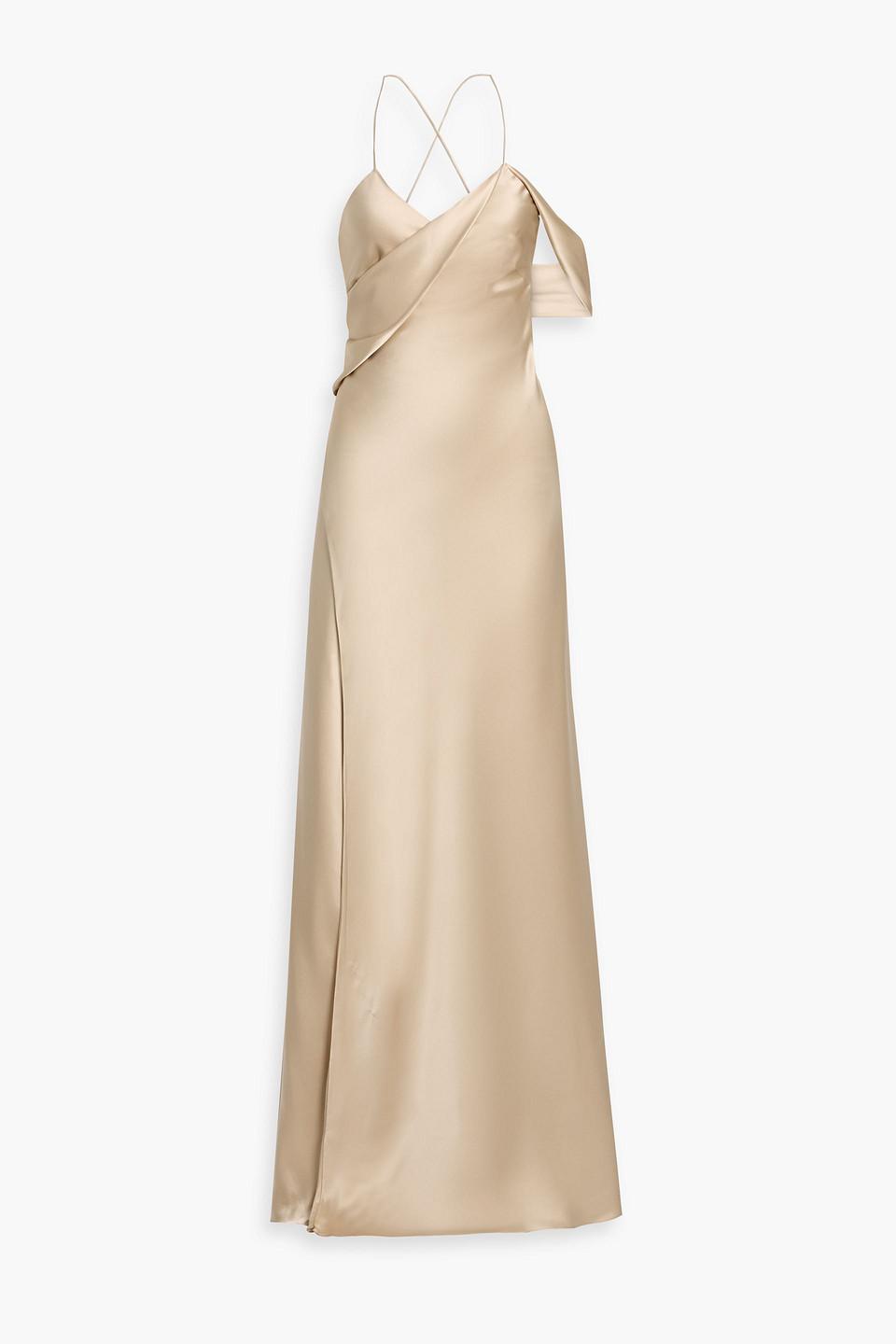 michelle mason green wrap dress Strappy wrap gown with cowl