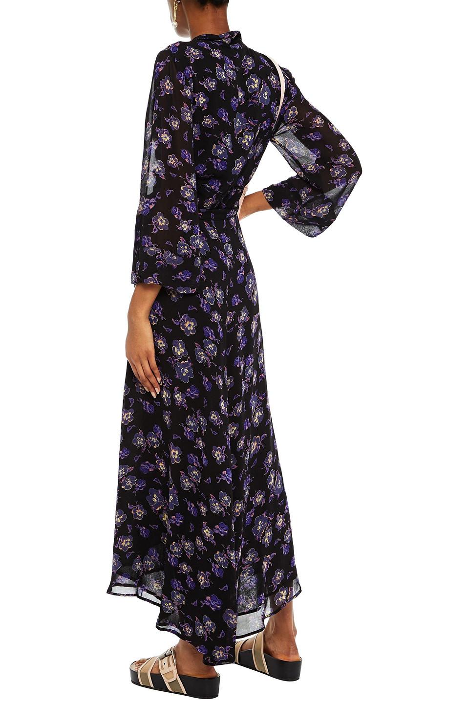 Ganni Floral-print Georgette Maxi Wrap Dress in Black | Lyst