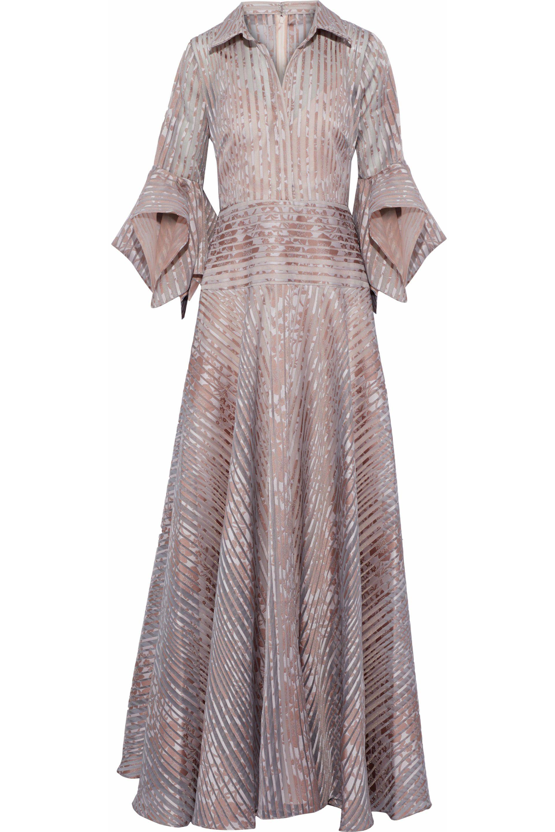 Badgley Mischka Ruffled Woven-paneled Floral-jacquard Gown Antique Rose ...