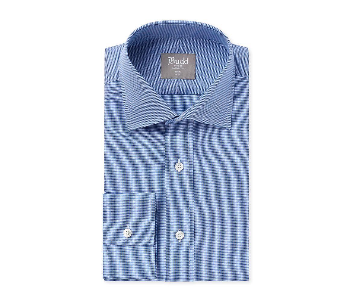 Budd Shirtmakers Blue Cottontwill Slimfit Buttoncuff Puppytooth