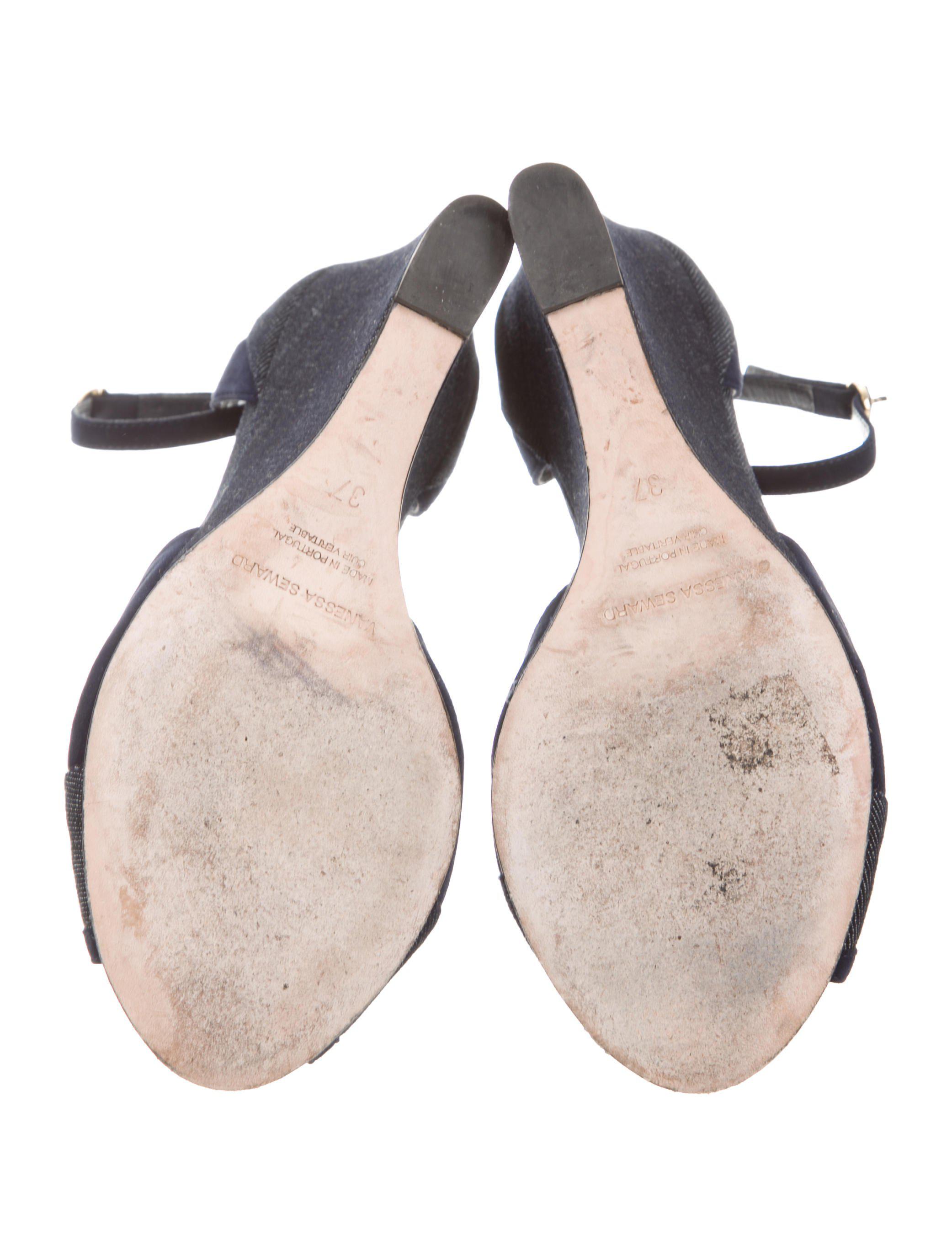 Lyst Vanessa Seward Denim Peep Toe Wedges Navy In Blue