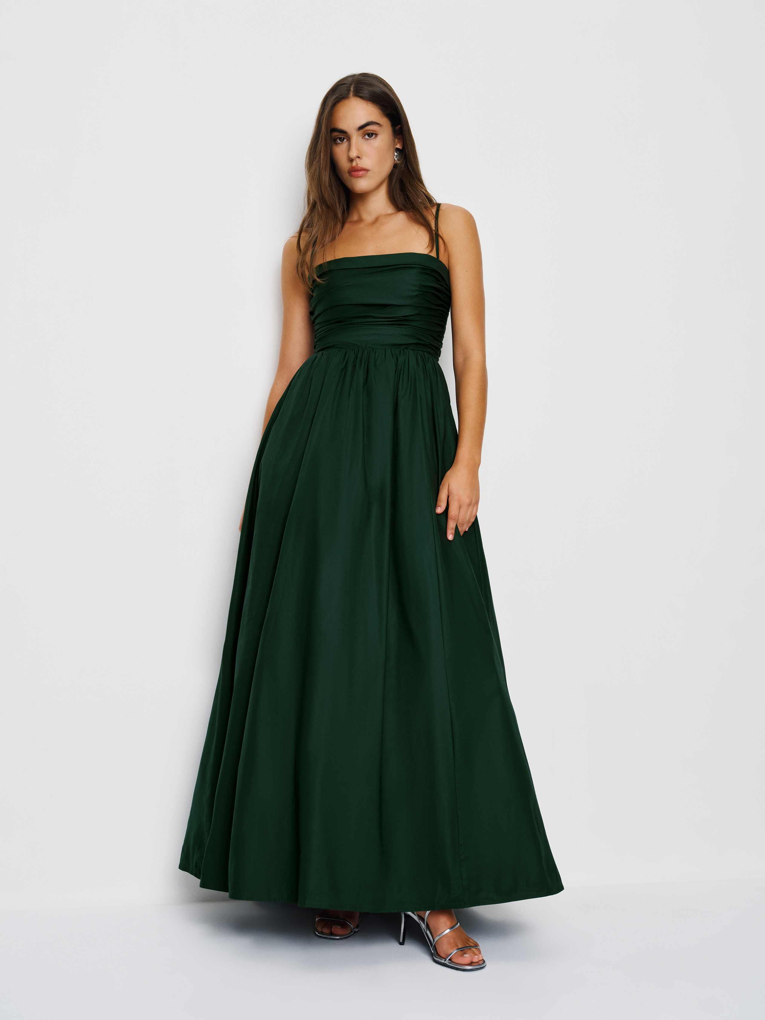 reformation kastoria dress green Gathered Stretch-Cotton Maxi in Prom Styles