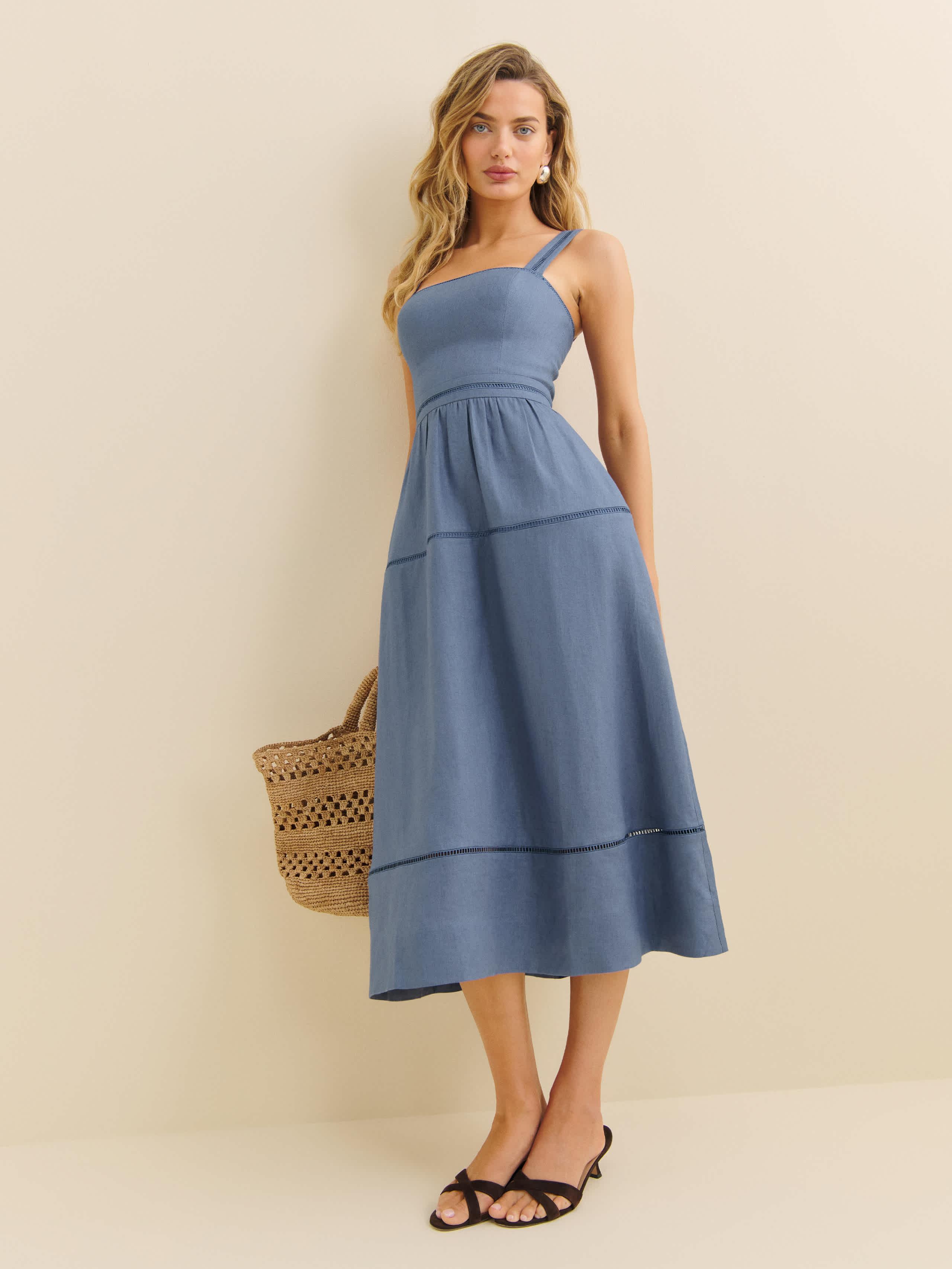 strapless blue linen dress TRIBECA LINEN DRESS