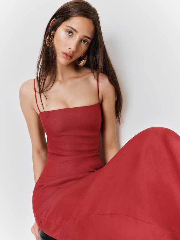 silence noise audrey red a line mini slip dress Fulvia Slip Mini Dress with Ruffles in Deep Red , Scoop Neckline