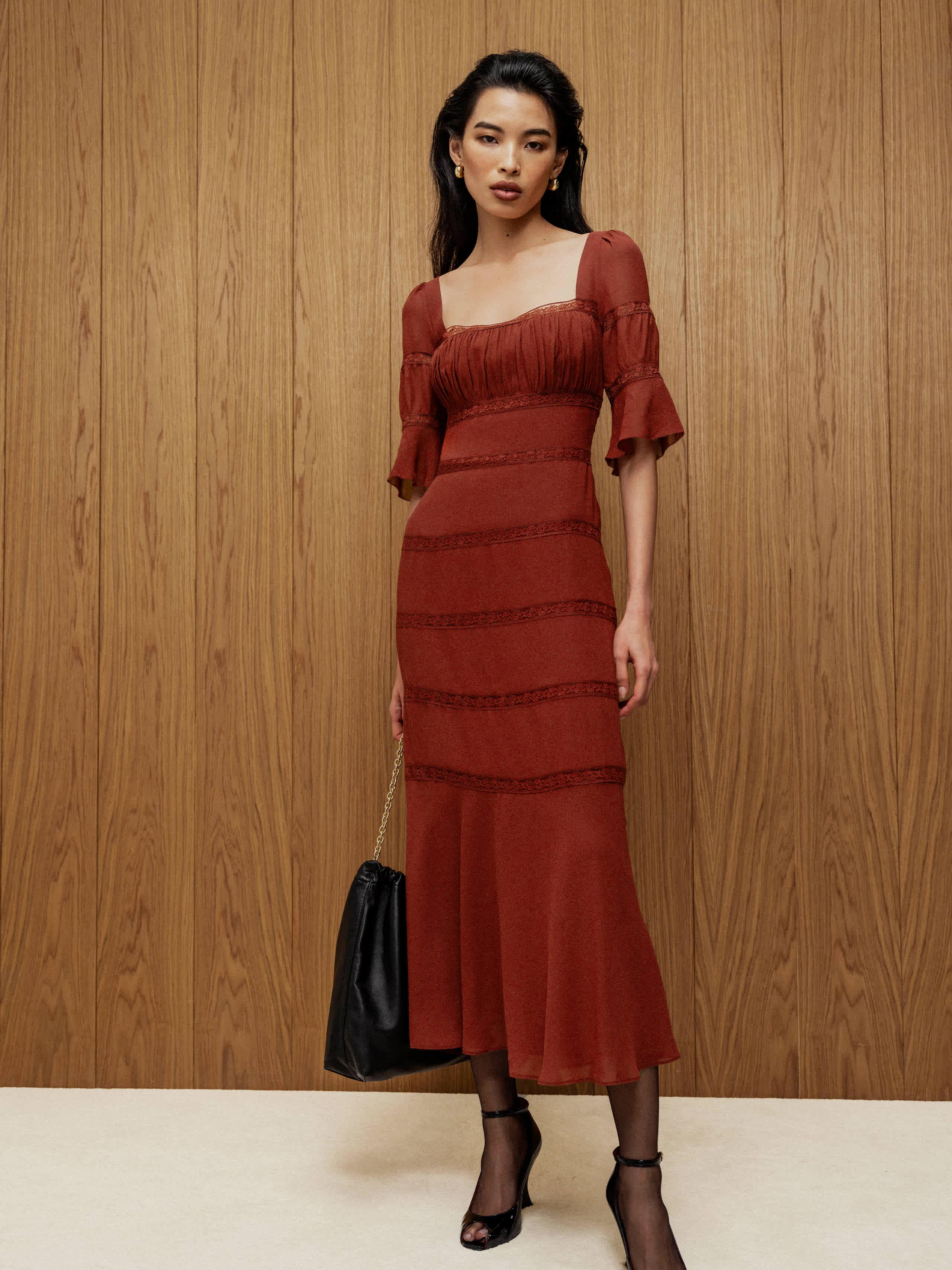 chinese dress ladies Reformation Brown Silk Lace Detailed 'Provence' Dress Size XS – Mine & Yours main image 1