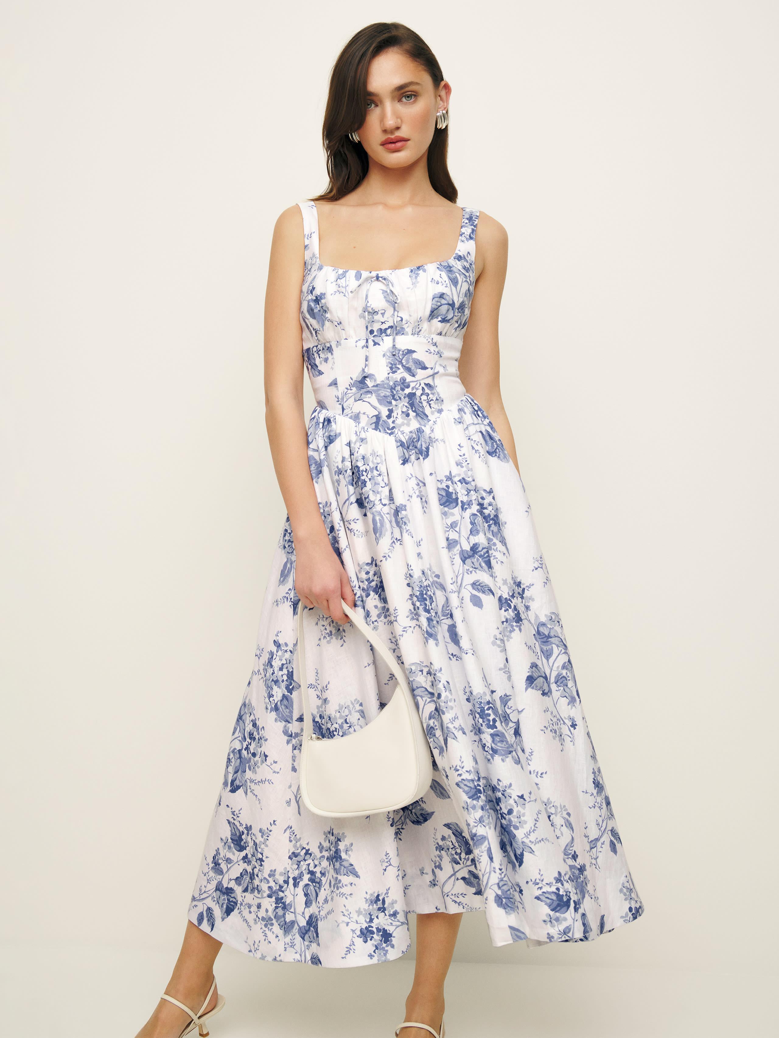 white and blue linen dress Atlanta Linen Dress in Blue Vichy main image 1