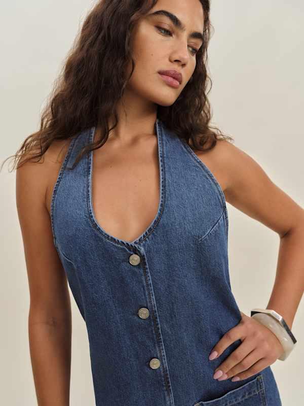reformation denim halter dress Isha Denim Mini Dress