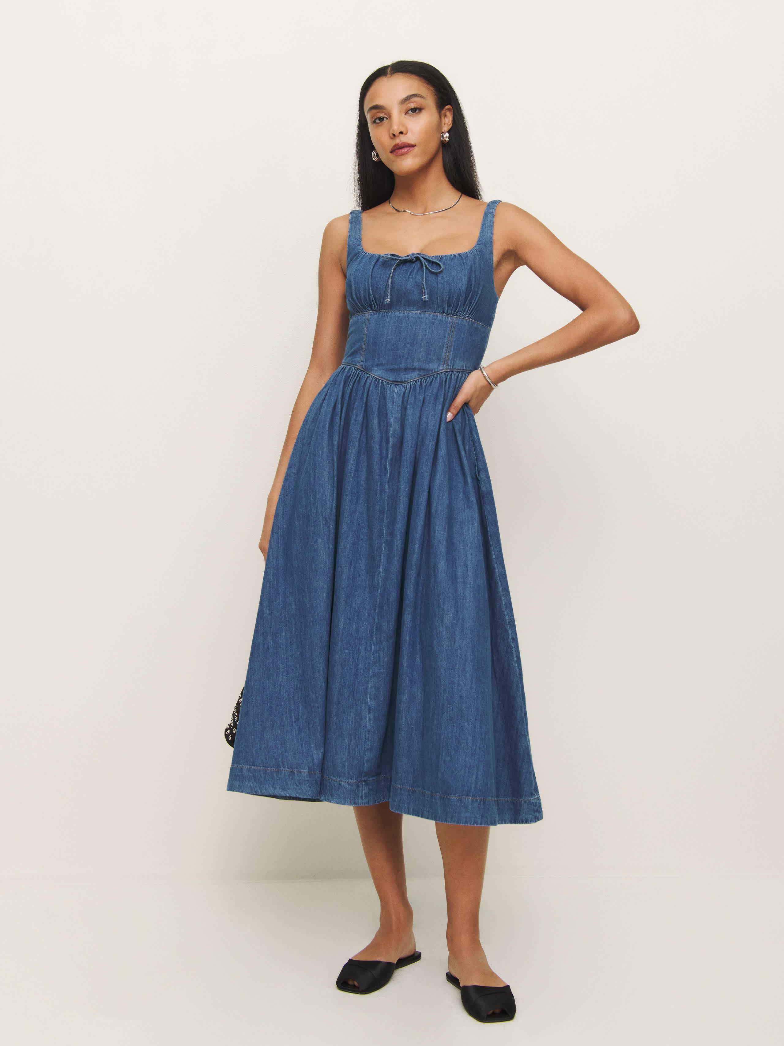 reformation delphinia denim dress Reformation Delphinia square-neck Denim Dress | Blue