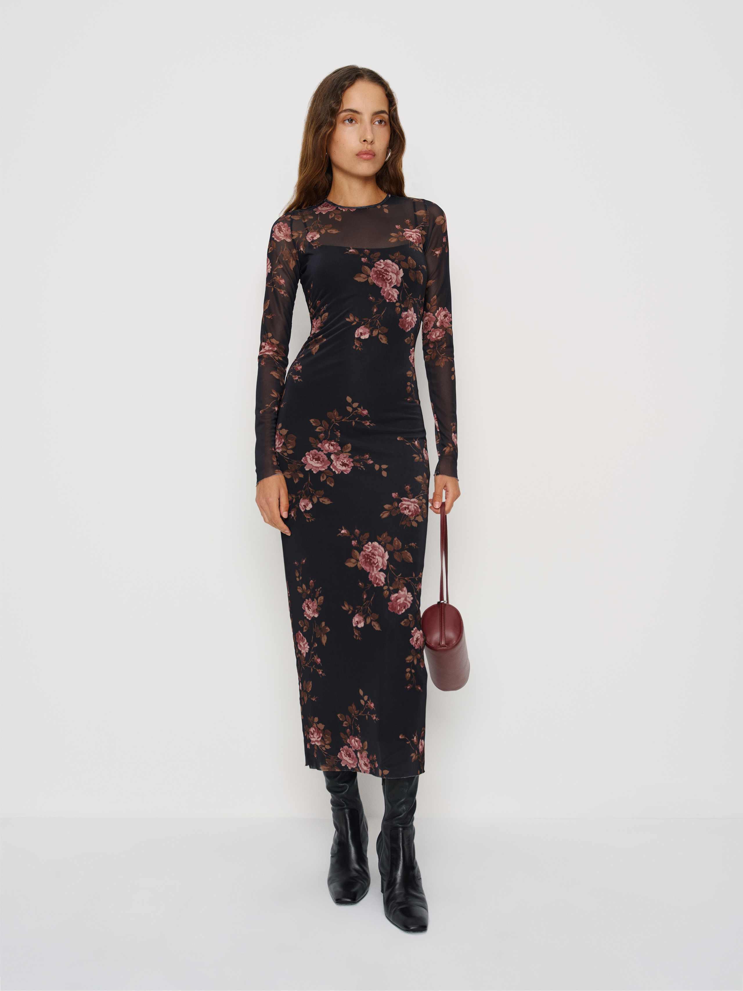 long sleeve grey midi dress O'Neill Women's Gracyn Smocked Long Sleeve Midi Dress - Slate