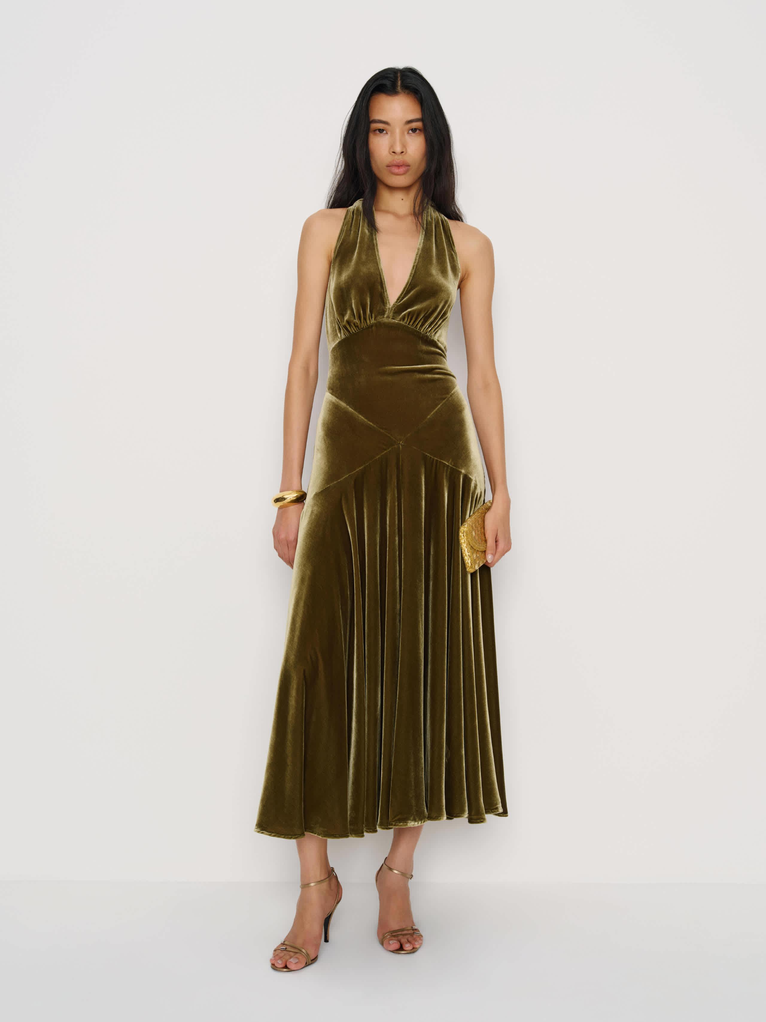 green emerald velvet dress Harvest Gold Velvet Wrap Maxi Dress - Jenny Yoo main image 0