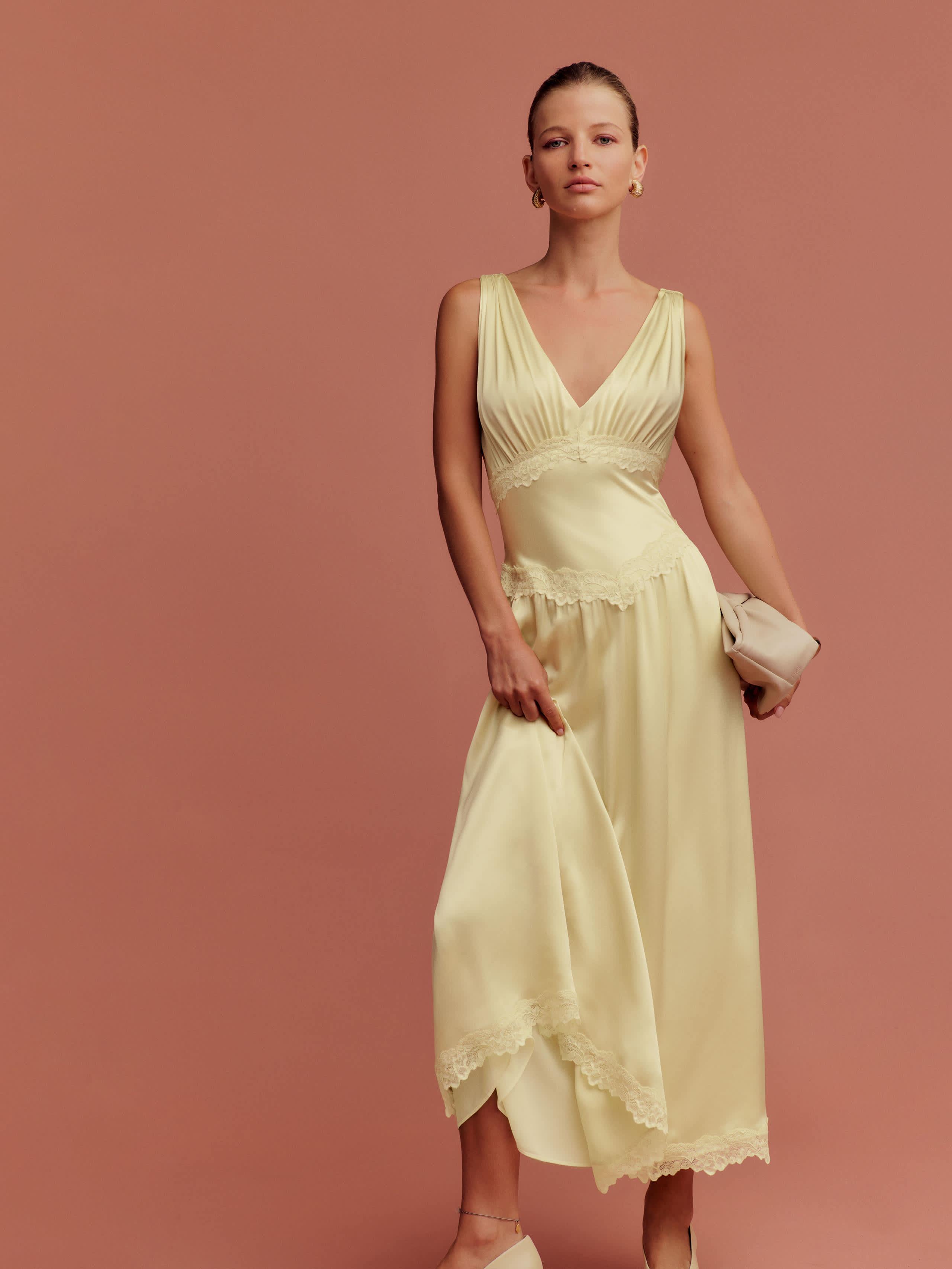 reformation silk yellow dress Reformation Petites Stasia Silk Dress in Natural