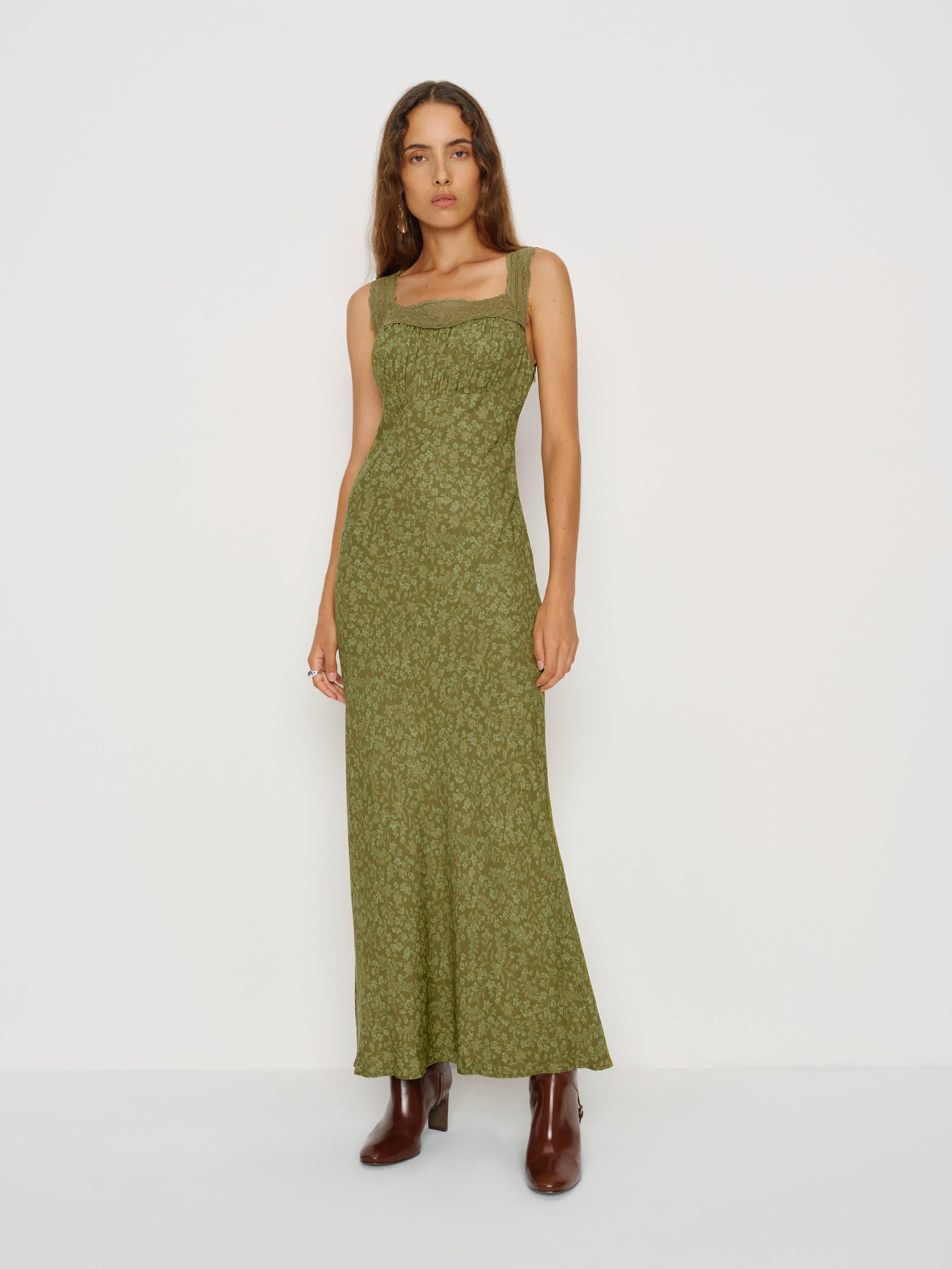 reformation green dress with flowers Green Floral Reformation Dress by Reformation