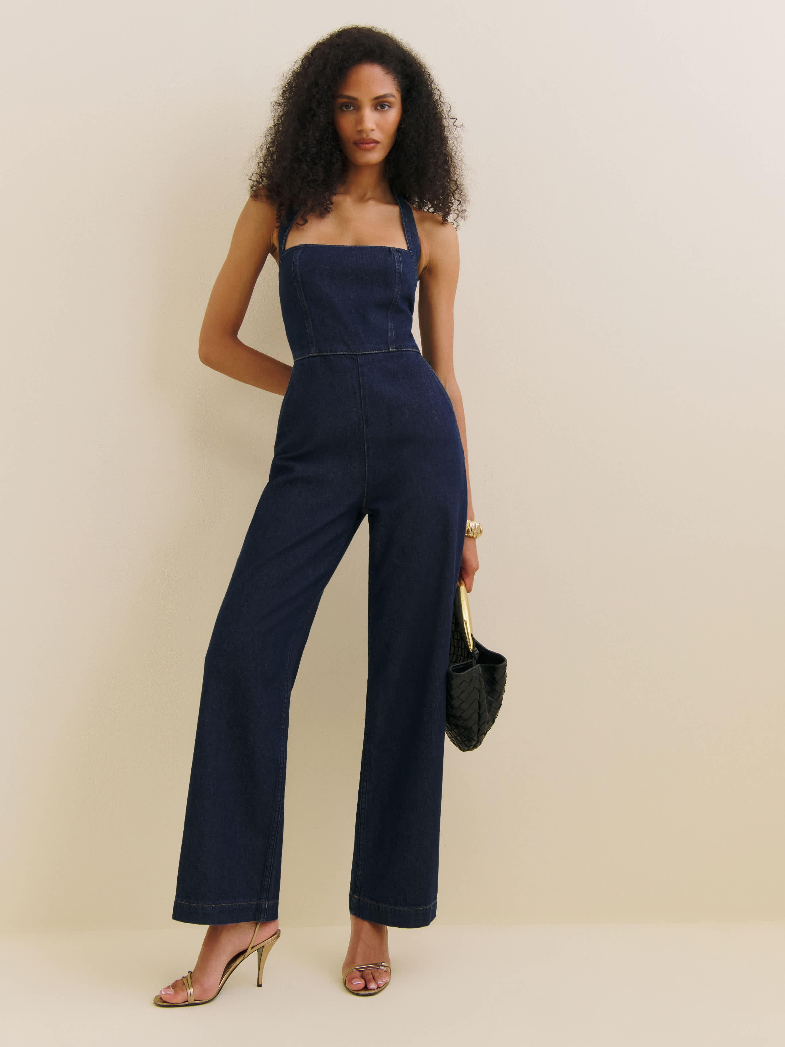 Reformation Danna Halter Denim Jumpsuit in Blue Lyst