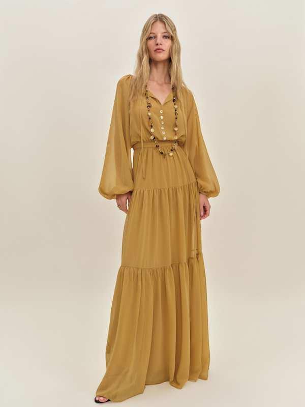 reformation yellow long sleeve dress Reformation Dress Womens Medium Yellow Long Sleeve Button-Front Ribbed  Stretch