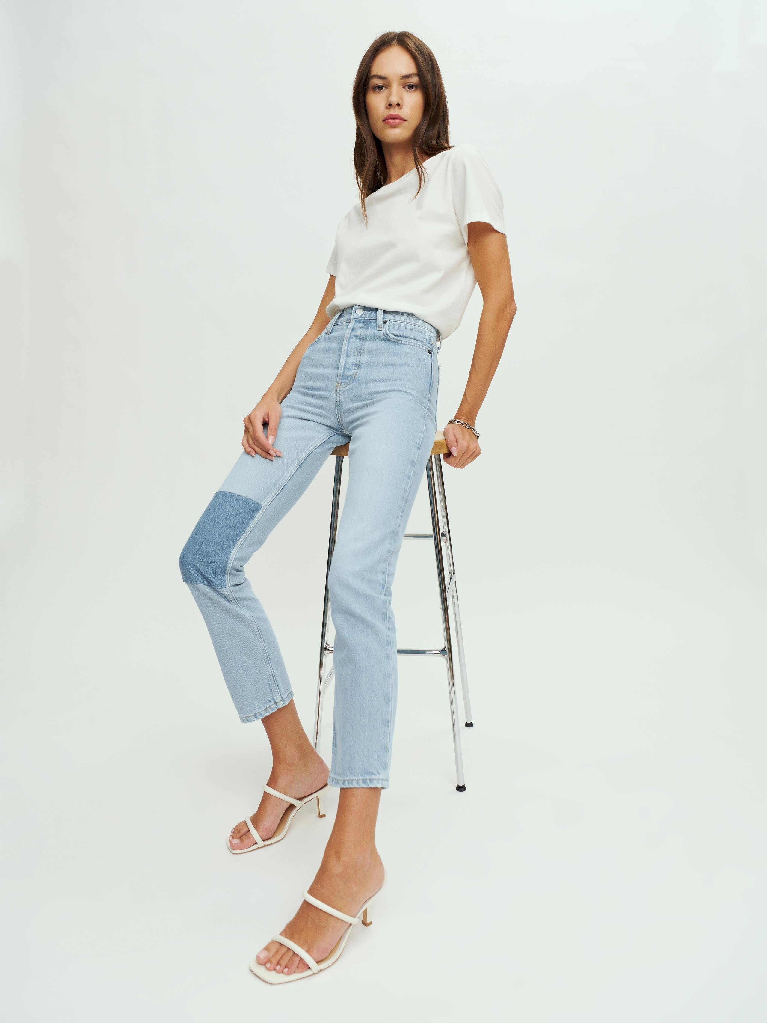 Tjen Som svar på Hold op Reformation Cynthia Patch High Rise Straight Jeans in Blue | Lyst Canada
