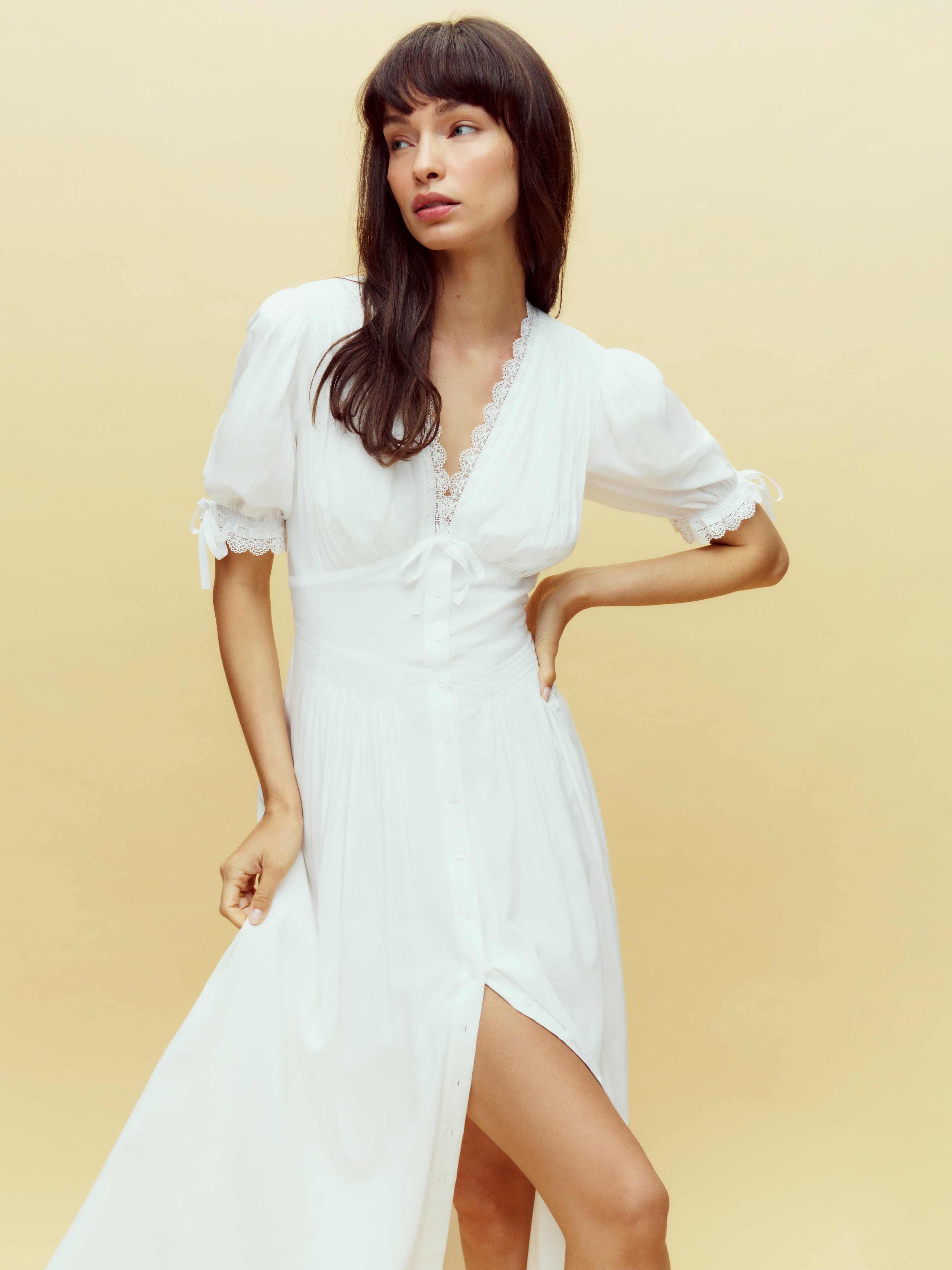 chinese dress ladies Reformation Icelynn Ivory Satin V-Neck Empire Waist Maxi Dress  The Closet  New York