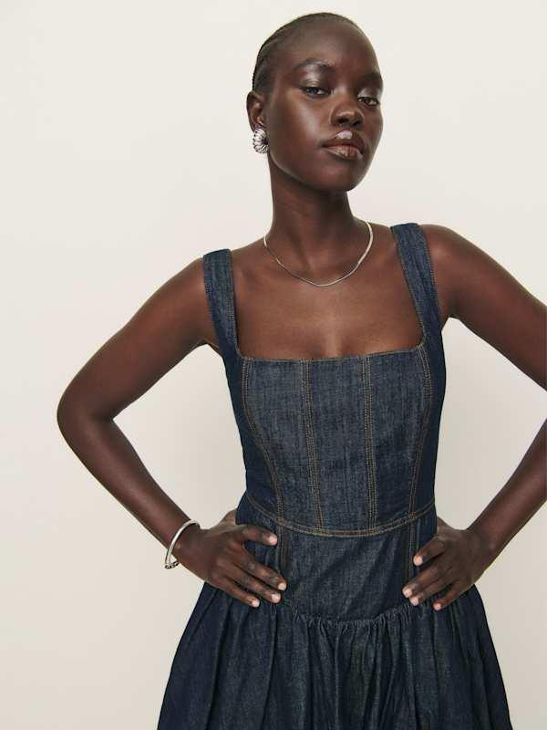 reformation gigi denim dress Delia Mini 0 in Blue Ellison denim Length:Regular Ruffle Detail Roasted Potato Salad with Slip on style