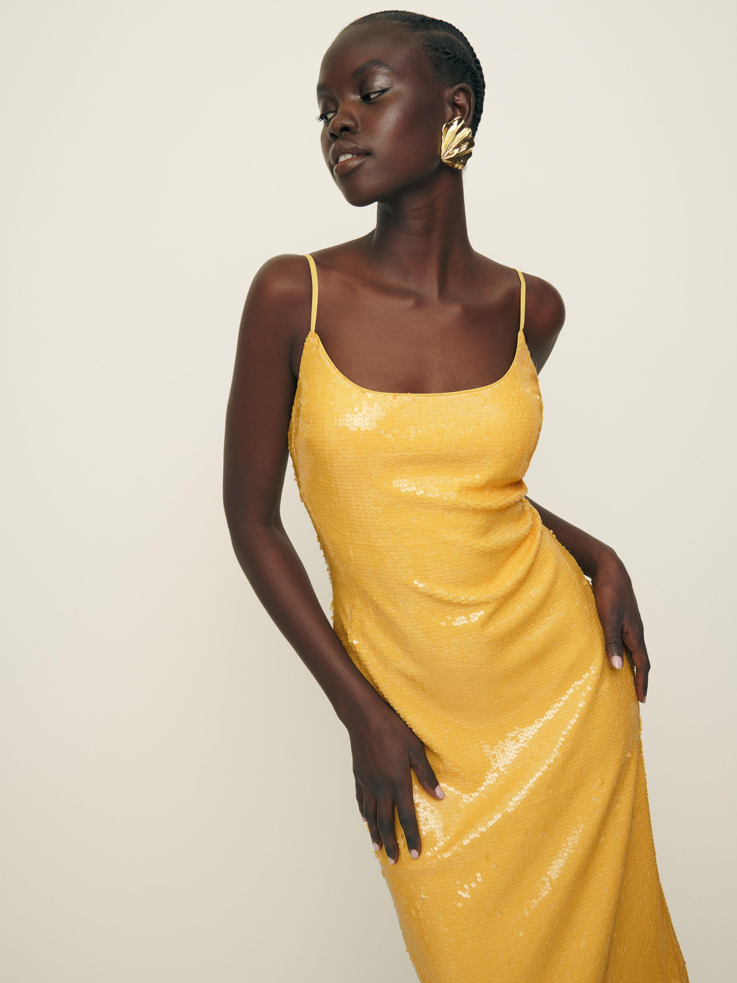 reformation gold dress Selene Knit Maxi Dress