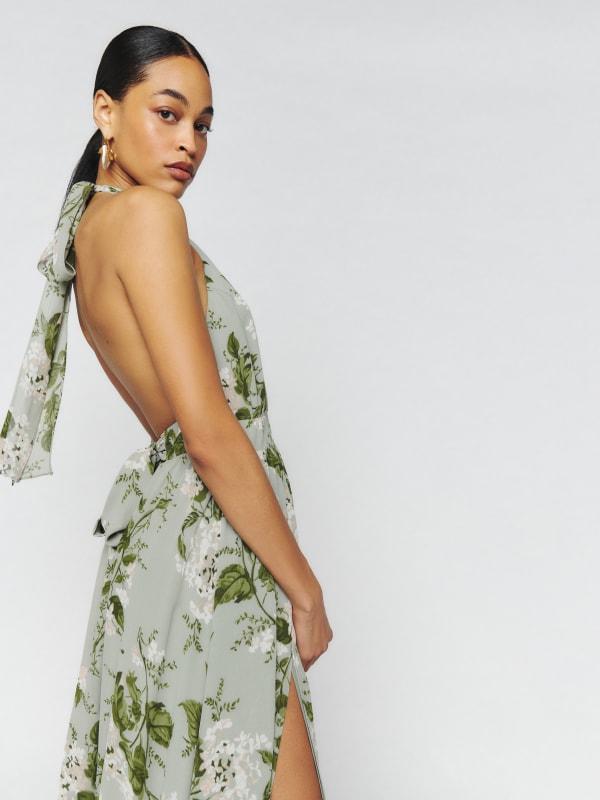 reformation green halter dress NEW Reformation Green Rosalind Halter Plunge V Cocktail A Line Maxi Dr –  Brie main image 0