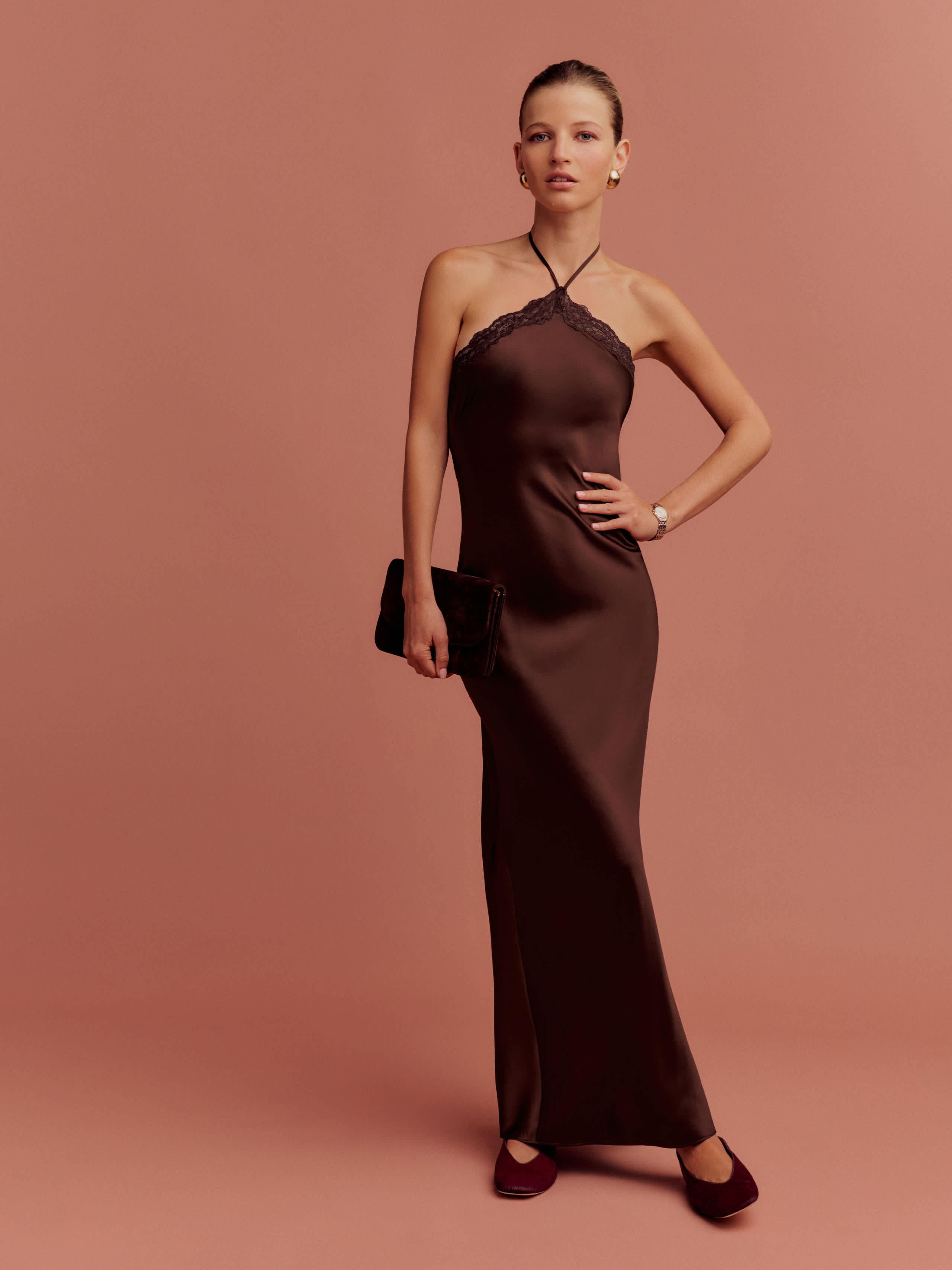 brown silk dress Brown Silk Draped Dress main image 0
