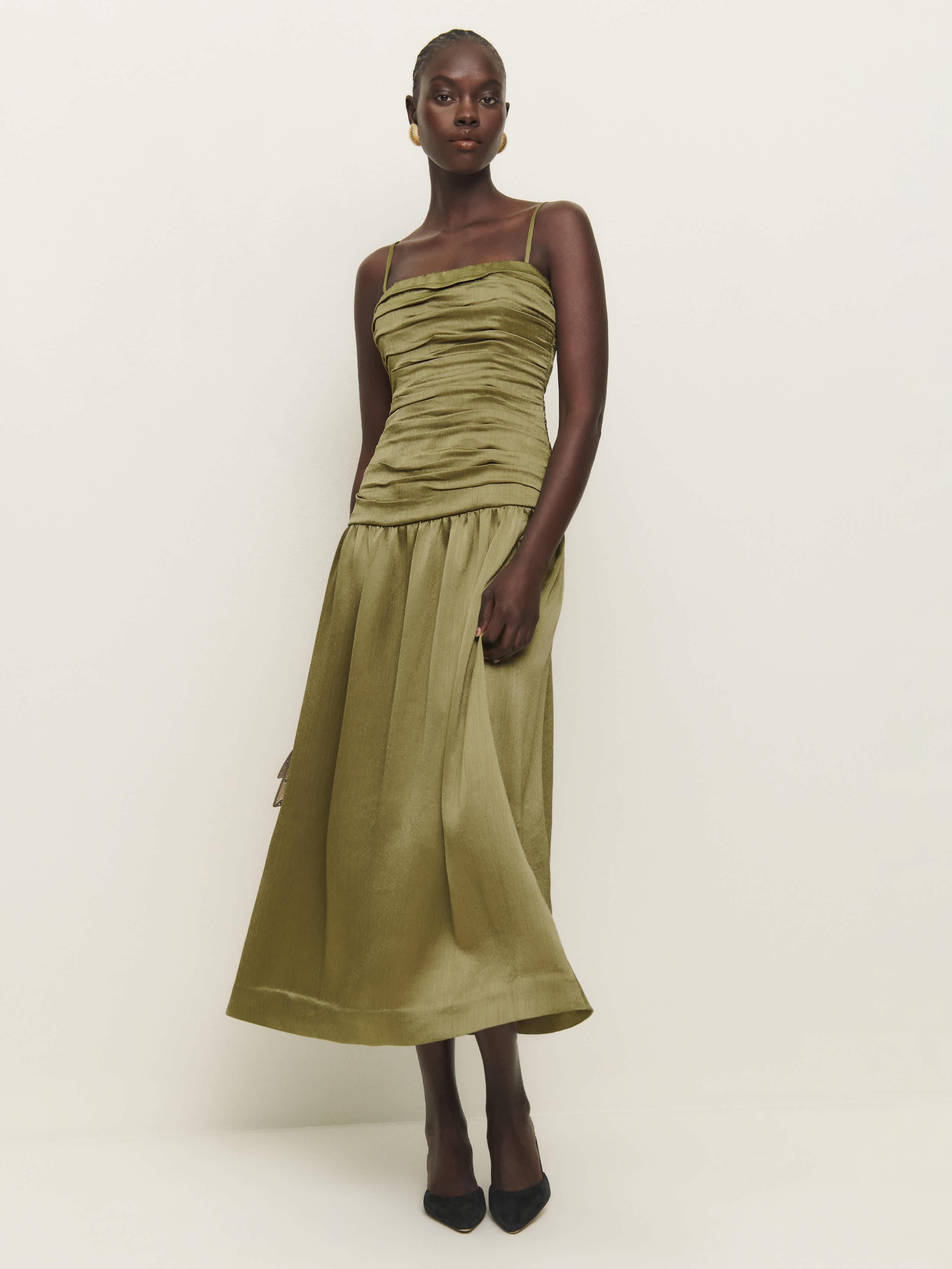 zya silk dress reformation Reformation Zya Sleeveless Silk Midi Dress - Yellow